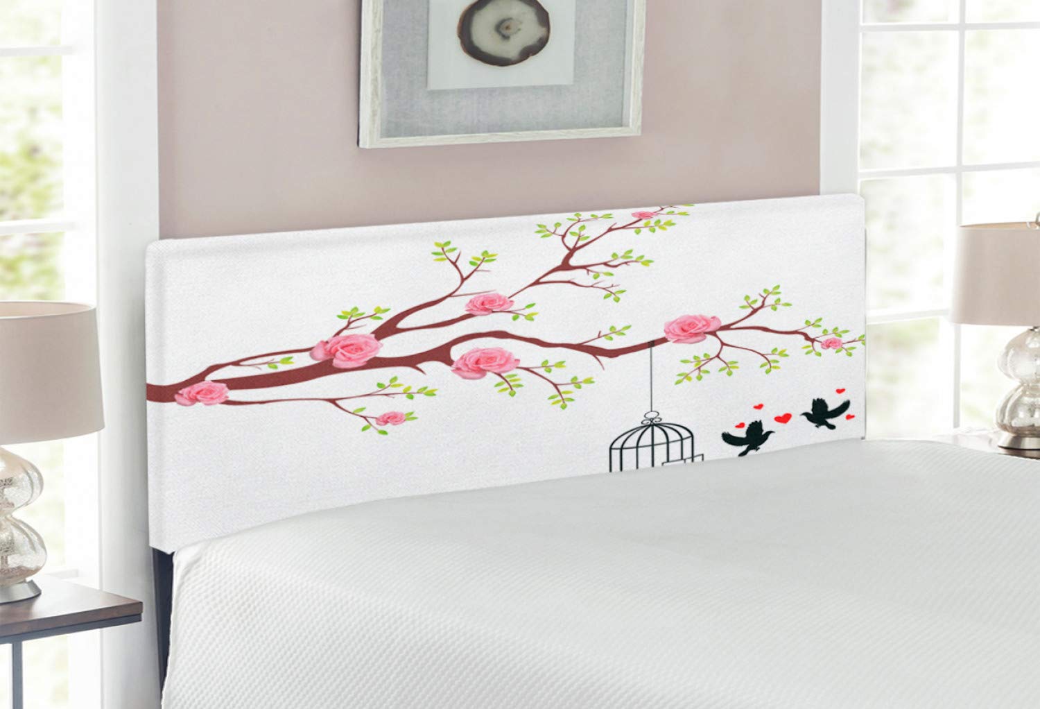 Ambesonne Birds Headboard - Romantic Upholstered Metal Bed Headboard with Memory Foam, Full Size in Pink, Brown & White | Floral Roses & Love Birds Design | Perfect for Master Bedroom, Guest Room & Romantic Decor