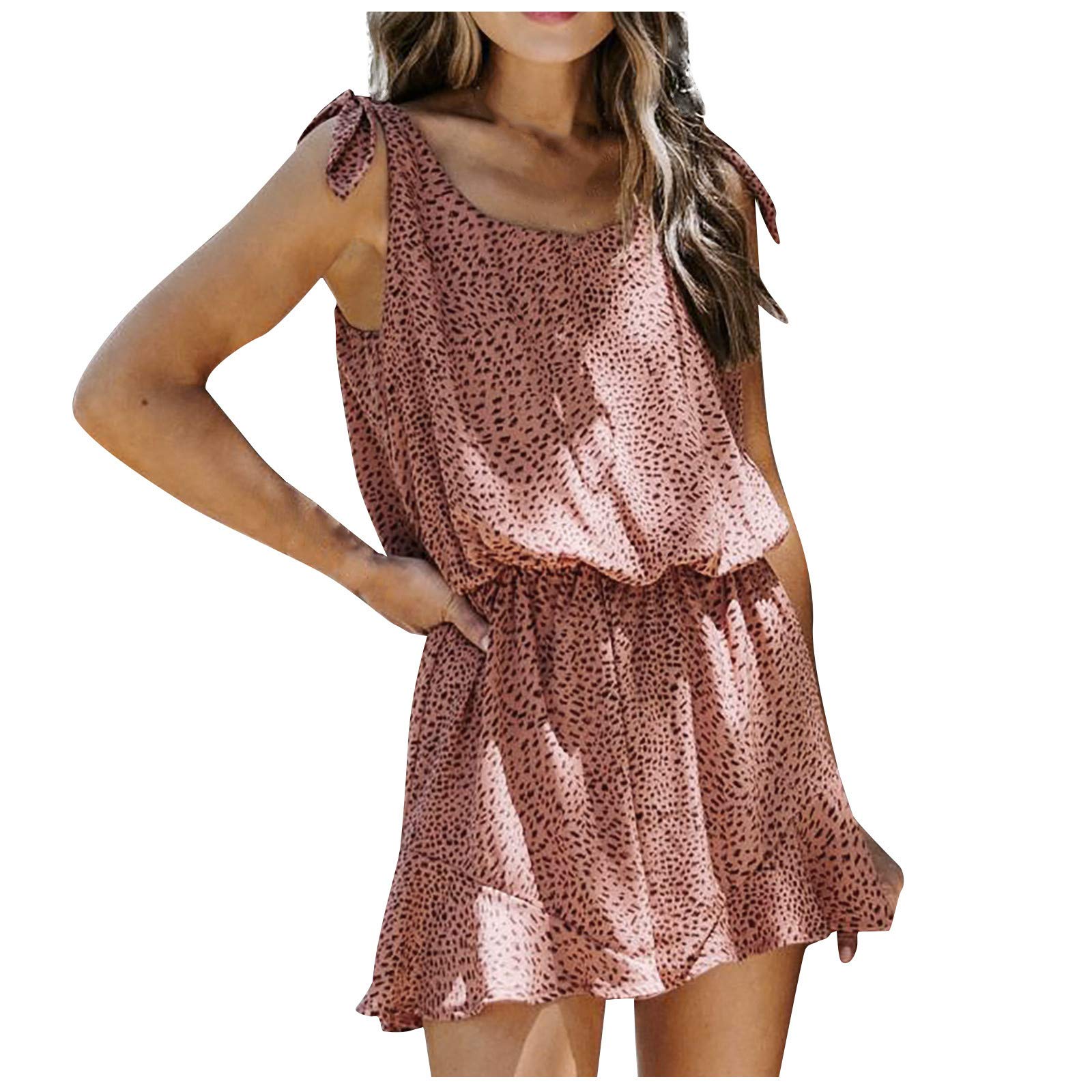iOPQO Women's Casual Loose Short Sleeve Leopard Print Belted Ruffle Jumpsuit | Summer Outfit for Beach, Party & Date Night