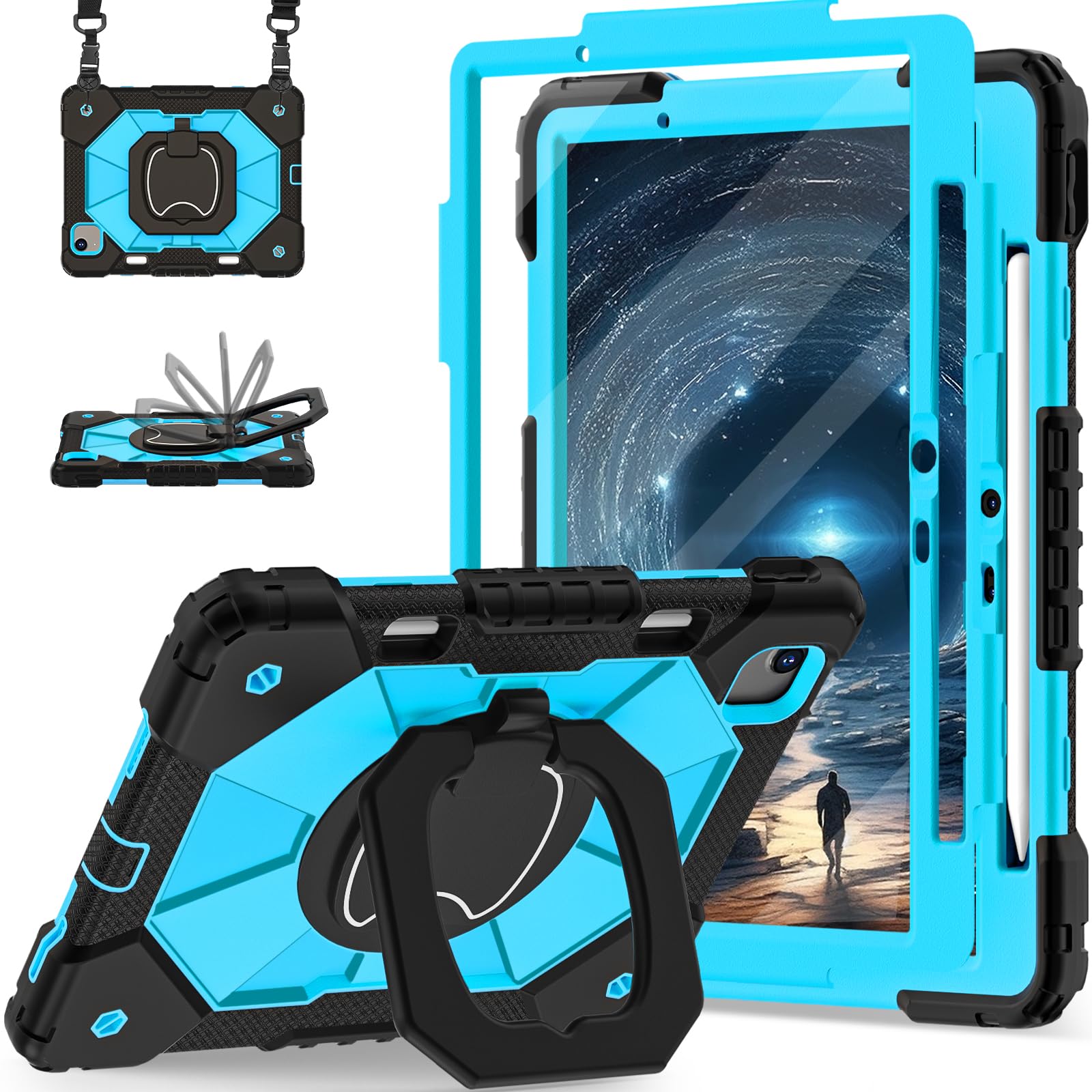 Heavy Duty iPad Air 11 Inch Case for M3/M2 (2025/2024) - 7th/6th Generation Protective Cover with Rotating Stand, Screen Protector, Pencil Holder & Shoulder Strap (Black/Blue) - Perfect for Work, Travel & School Use