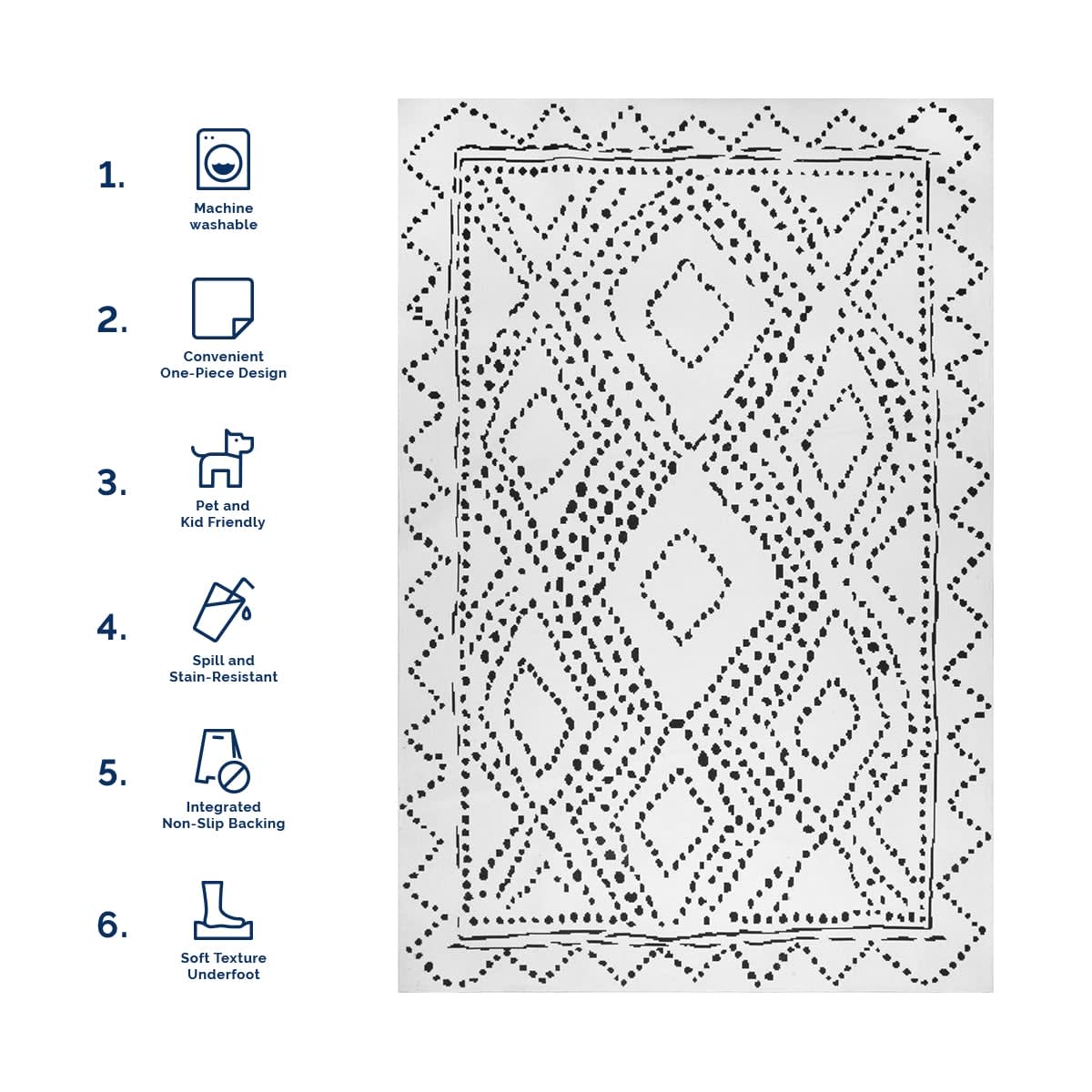 Dotted Diamond Trellis Washable Rug - Soft & Stain Resistant White Area Rug for Living Room, Bedroom, Nursery | Easy Clean Home Decor