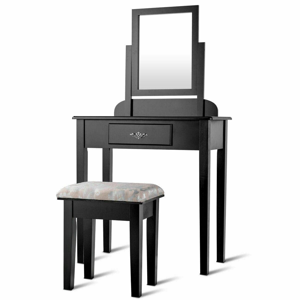 Black Makeup Vanity Desk Set with Square Mirror & Stool - 1 Large Drawer Portable Dressing Table for Bedroom | Perfect for Small Spaces, Home Salon & Beauty Routine Organization