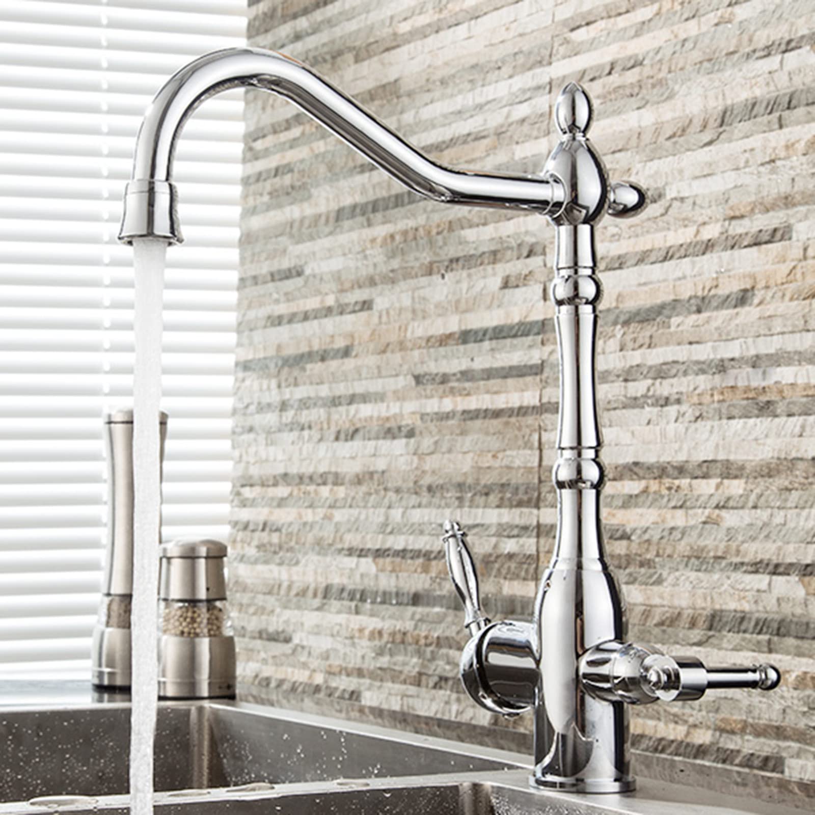 3-Way Brass Kitchen Faucet with Hot & Cold Water - Chrome Finish Swivel Sink Faucet for Modern Home, Restaurant & Commercial Use
