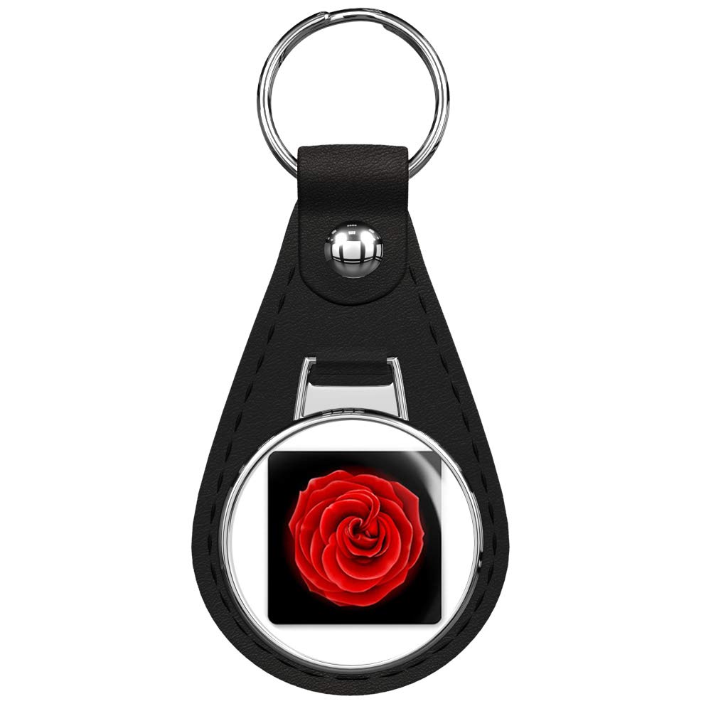 Red Rose on Black Leather Keychain with Silver Keyring - Stylish & Durable Key Holder for Women & Men - Perfect for Gifts, Home, Office & Travel Accessories