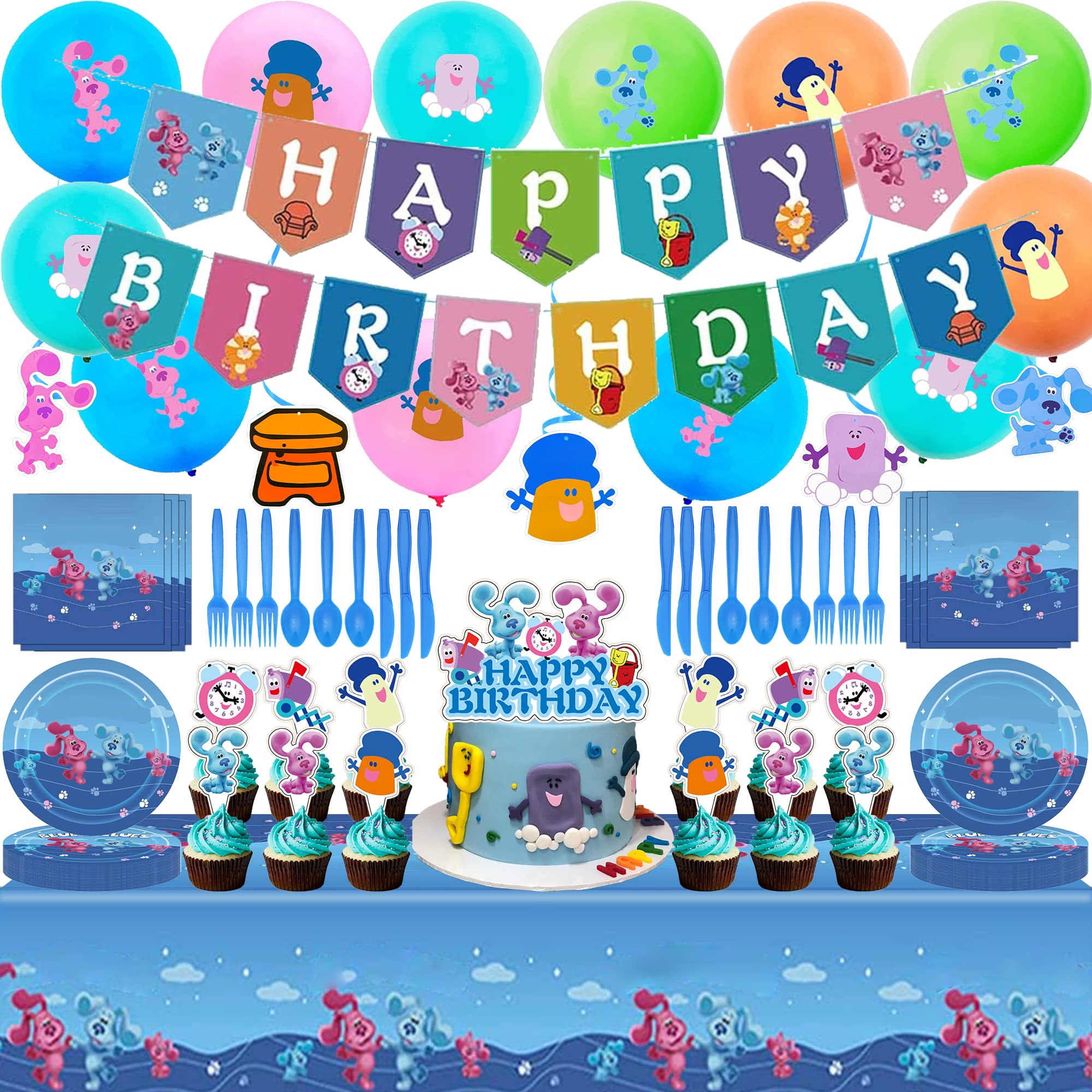 160 Pcs Blue Birthday Party Decorations Set - Includes Banner, Tablecloth, Hanging Swirls, Balloons, Cutlery & Tableware - Perfect for Baby Showers, Kids Birthdays & Themed Celebrations