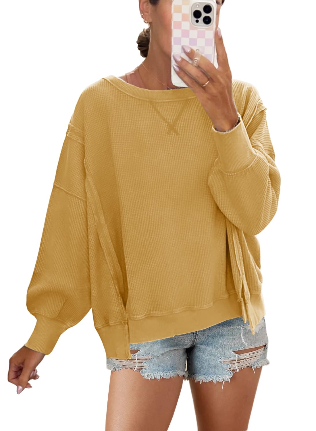Panadila Women's Oversized Waffle Knit Sweatshirt - Long Sleeve Crewneck Casual Pullover Top with Side Slits | Cozy Loungewear, Fall Winter Fashion, Streetwear Outfit