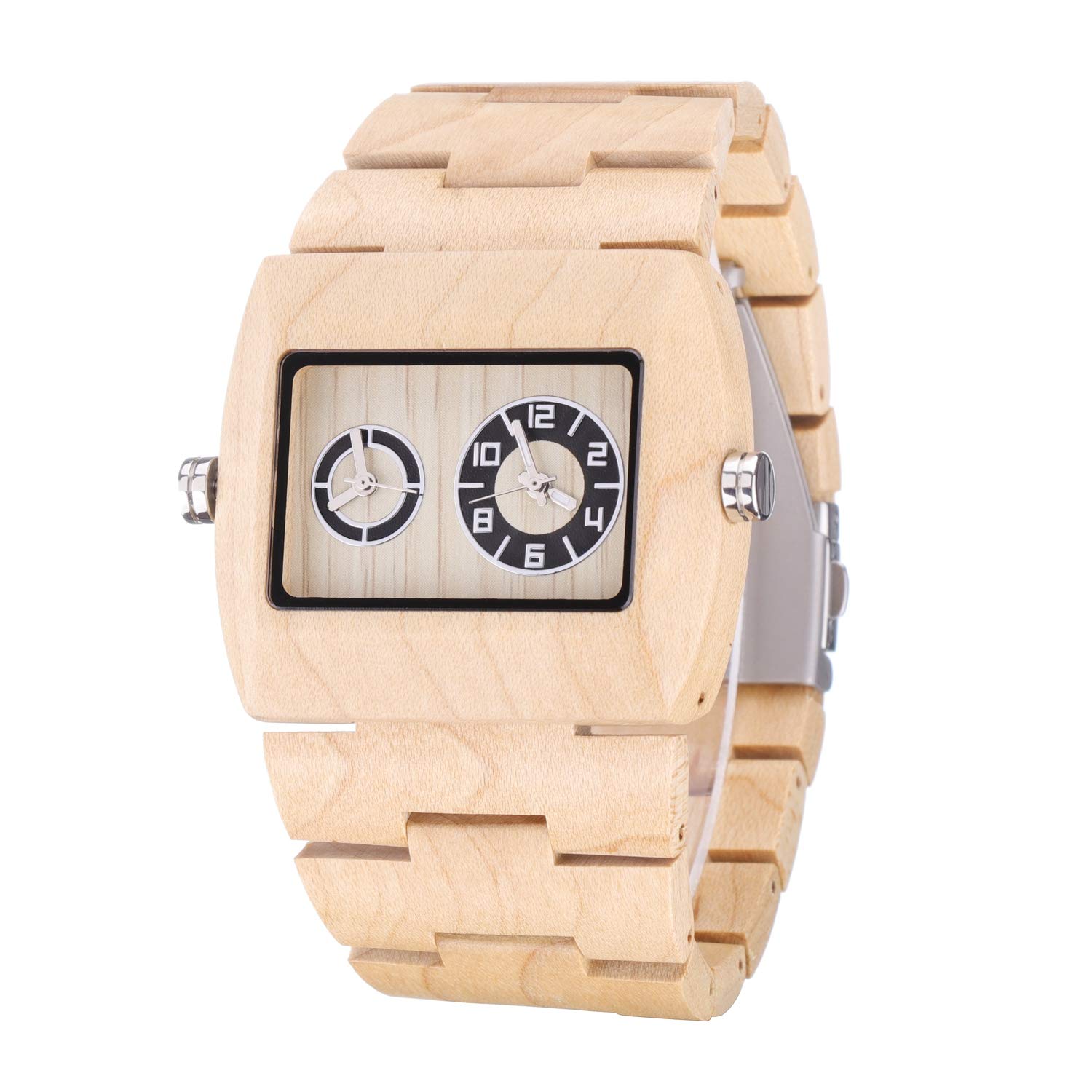 BEWELL Men's Square Wooden Watch with Dual Time Display - Stylish Quartz Wood Watch for Men - Perfect for Casual, Business & Outdoor Activities
