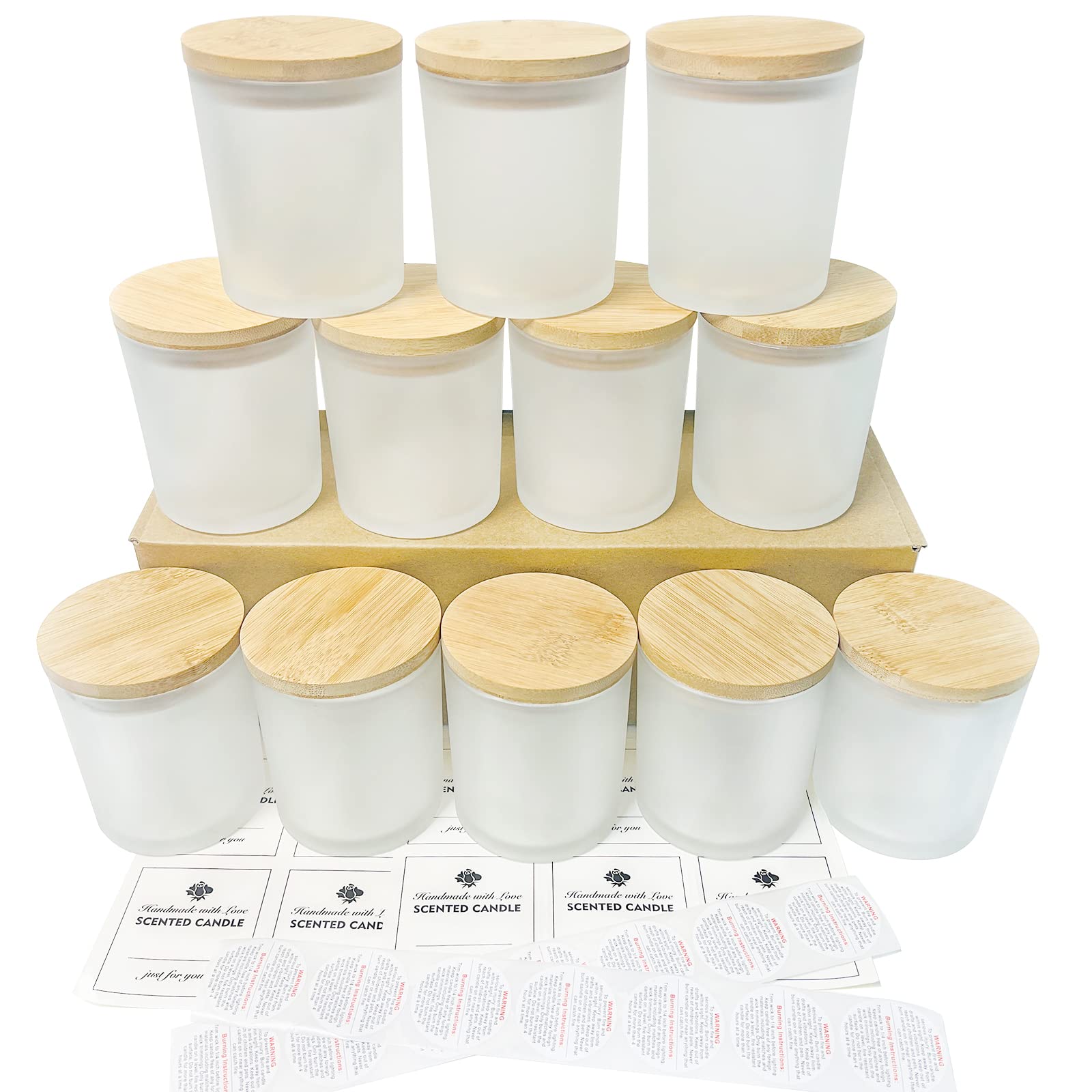 CONNOO 12-Pack 10 oz Frosted Glass Candle Jars with Bamboo Lids - Empty Candle Containers for DIY Candlemaking, Bulk Candle Tins with Wooden Lids - Dishwasher Safe - Perfect for Home Decor, Wedding Favors & Aromatherapy