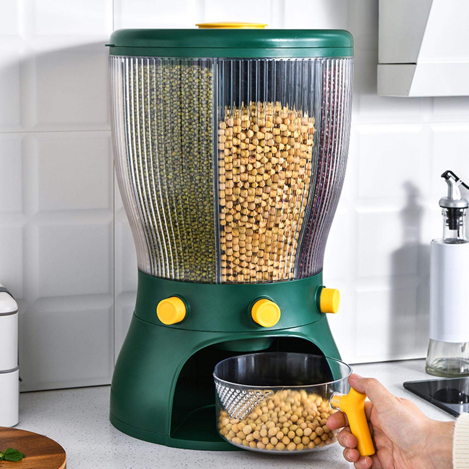 4-Grid 22lbs Rotating Rice Dispenser - Airtight Grain Storage Container with Transparent Lid for Rice, Beans, Snacks & Pet Food - Perfect for Kitchen Pantry Organization & Bulk Food Storage