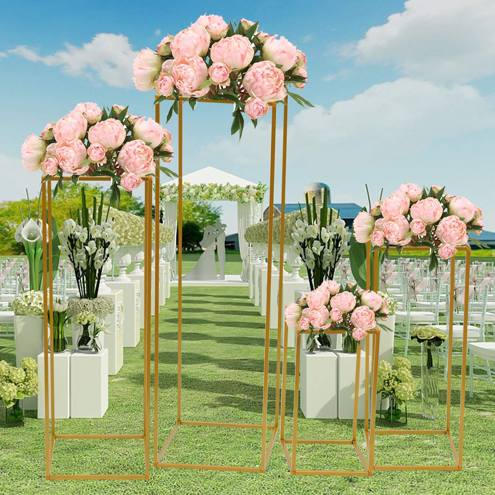 Gold Metal Wedding Geometric Flower Stand Vase Column - 4pcs Set for Wedding Party Table Centerpiece, Home Decor, Bridal Shower & Event Decoration