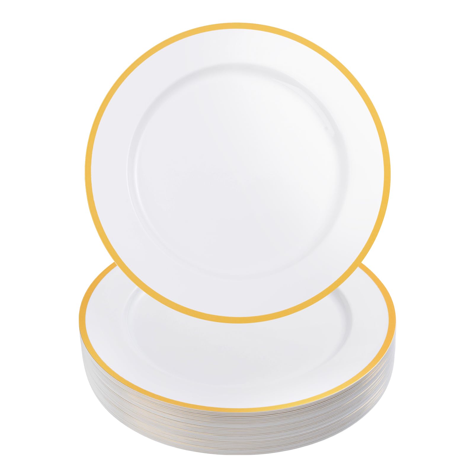 Goodluck 12 Inch Gold Trimmed Plastic Charger Plates - 25 Pack Bulk White Dinner Plates for Wedding, Party & Event Decorations - Elegant Table Setting for Formal Dinners, Banquets and Special Occasions