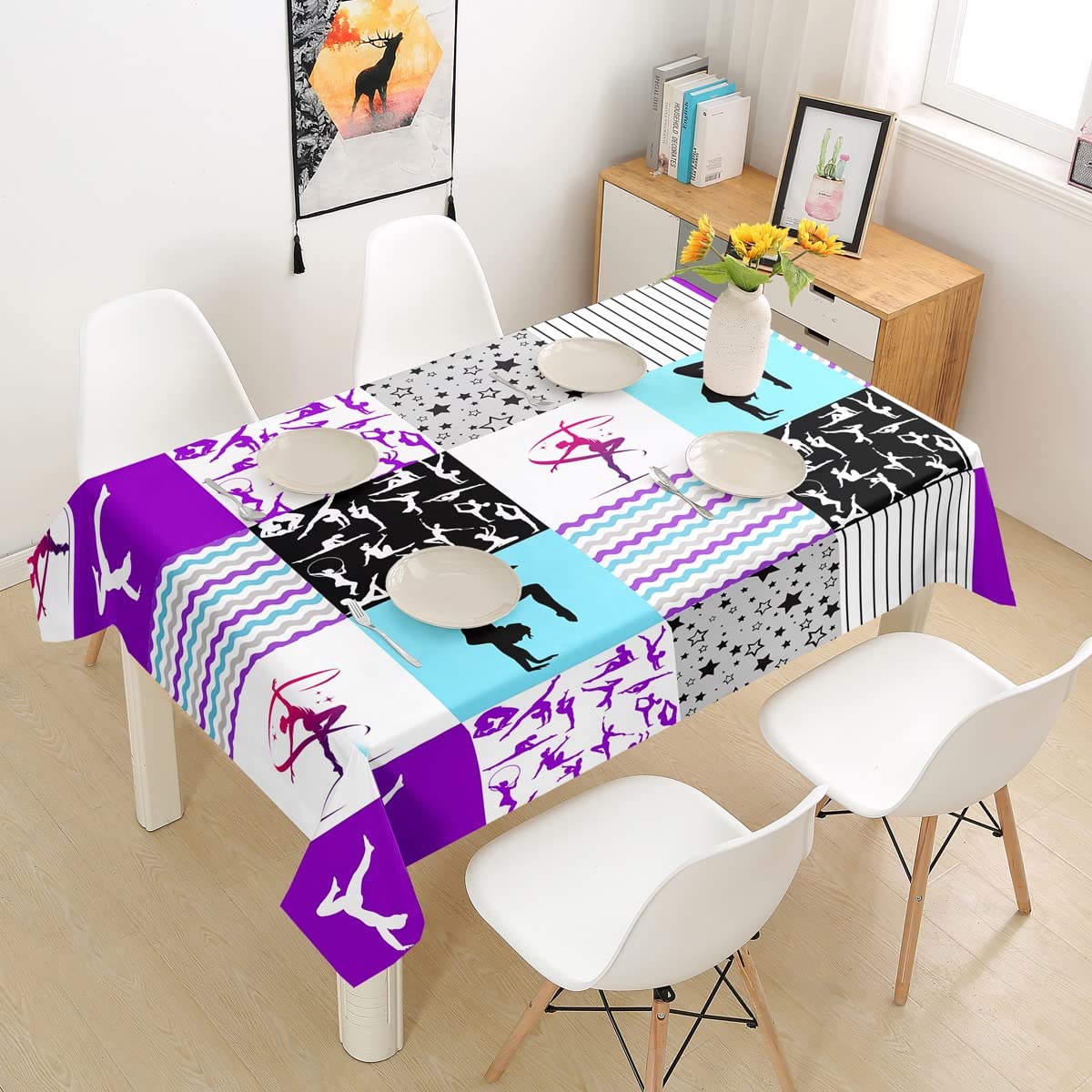 Manfei Fashion Sports Theme Gymnastics Tablecloth - Plaid Grid Print Modern Rhythmic Art Table Cover for Kids Boys & Girls - 55