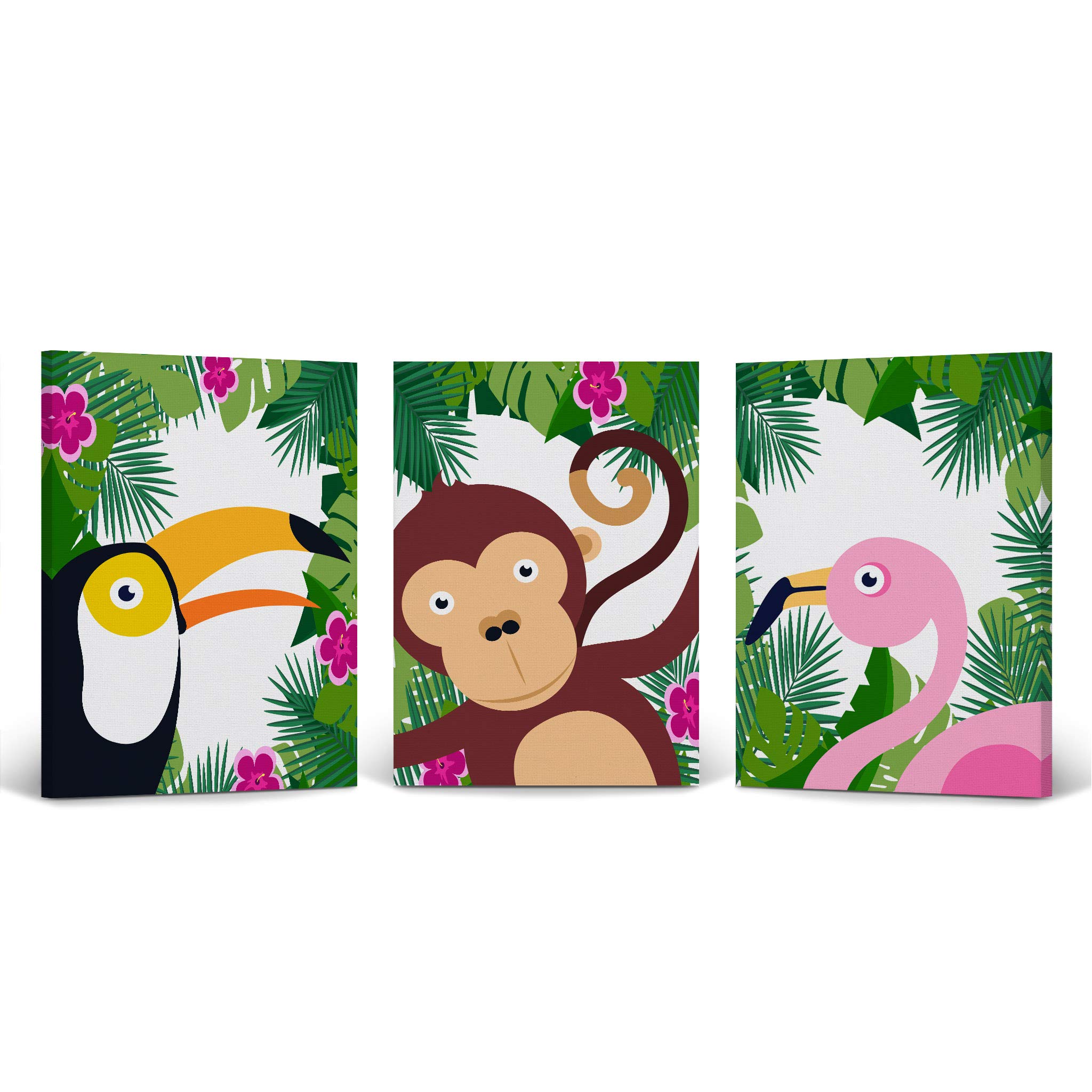 Tropical Animals Wall Art - 3 Panel Canvas Print Set for Kids Room, Nursery & Baby Room Decor | Ready to Hang, Made in USA (28x19 inches each) | Perfect for Playrooms, Bedrooms & Daycare Centers