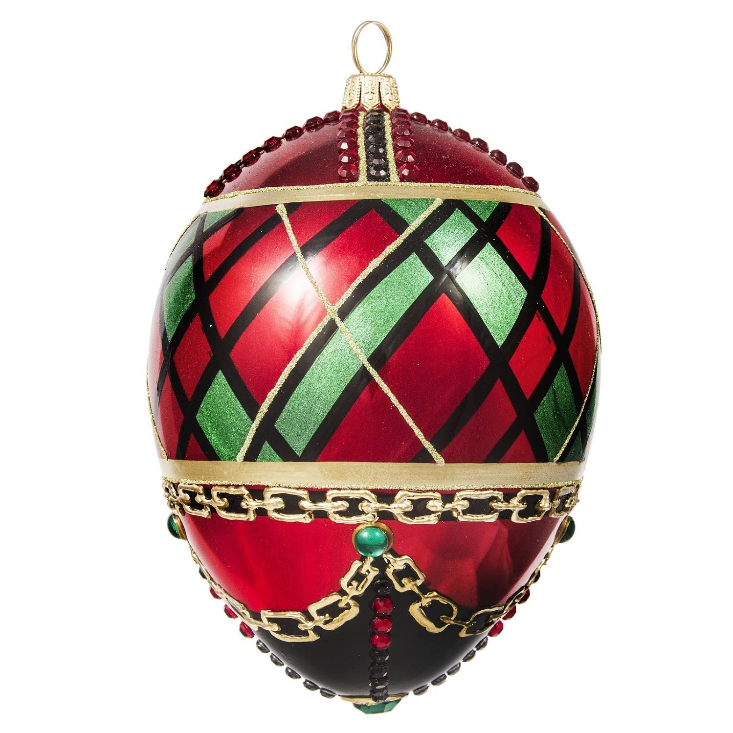 Joy to the World Glitterazzi Tartan Plaid Jeweled Egg Polish Glass Christmas Ornament - Handmade in Poland - Perfect for Holiday Tree Decor, Gift Exchange & Festive Home Decor