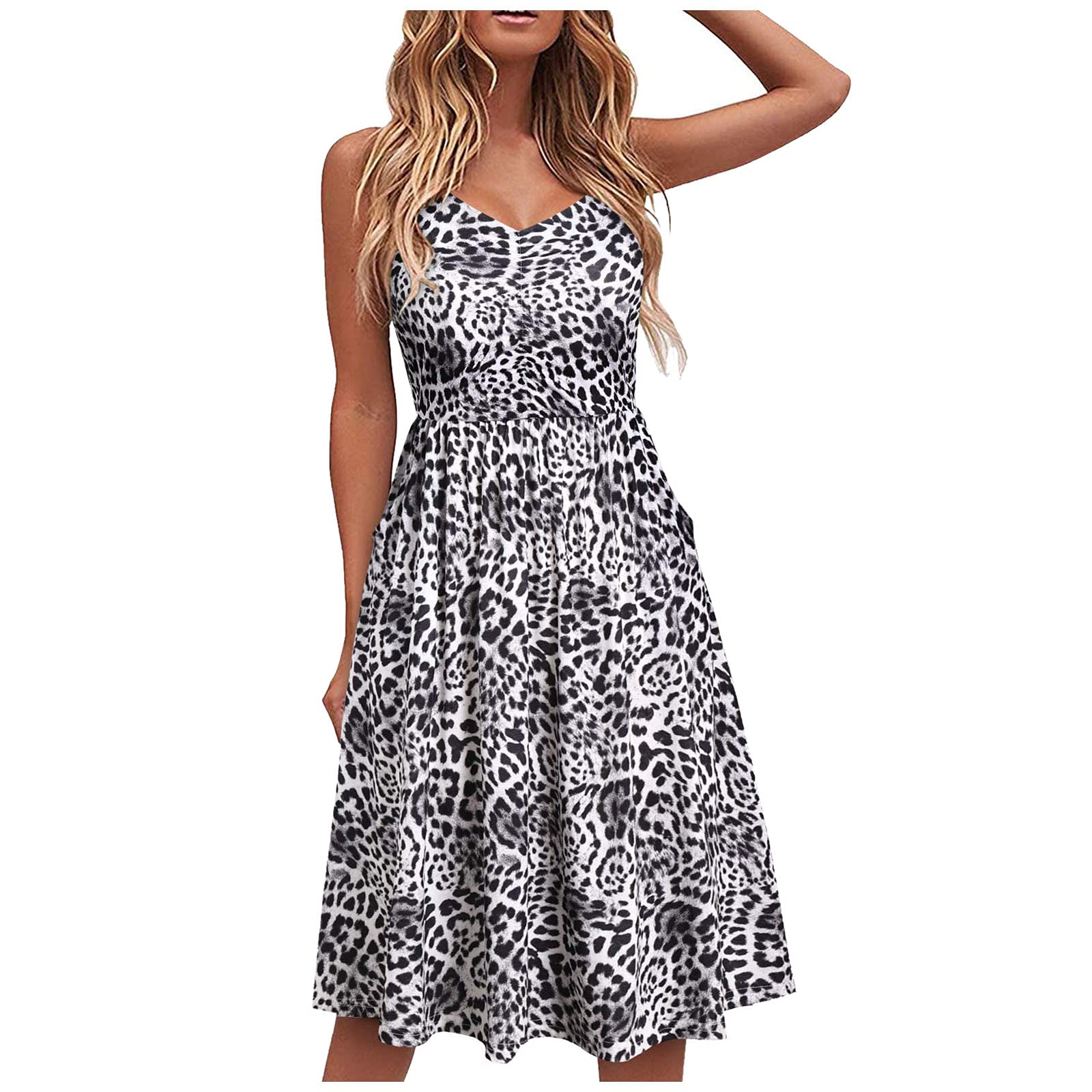 Women's Floral V-Neck Sleeveless Mini Sundress - Casual Swing Dress for Summer Beach, Seaside & Vacation - White Folded Hem Dress for Outdoor Parties & Date Nights