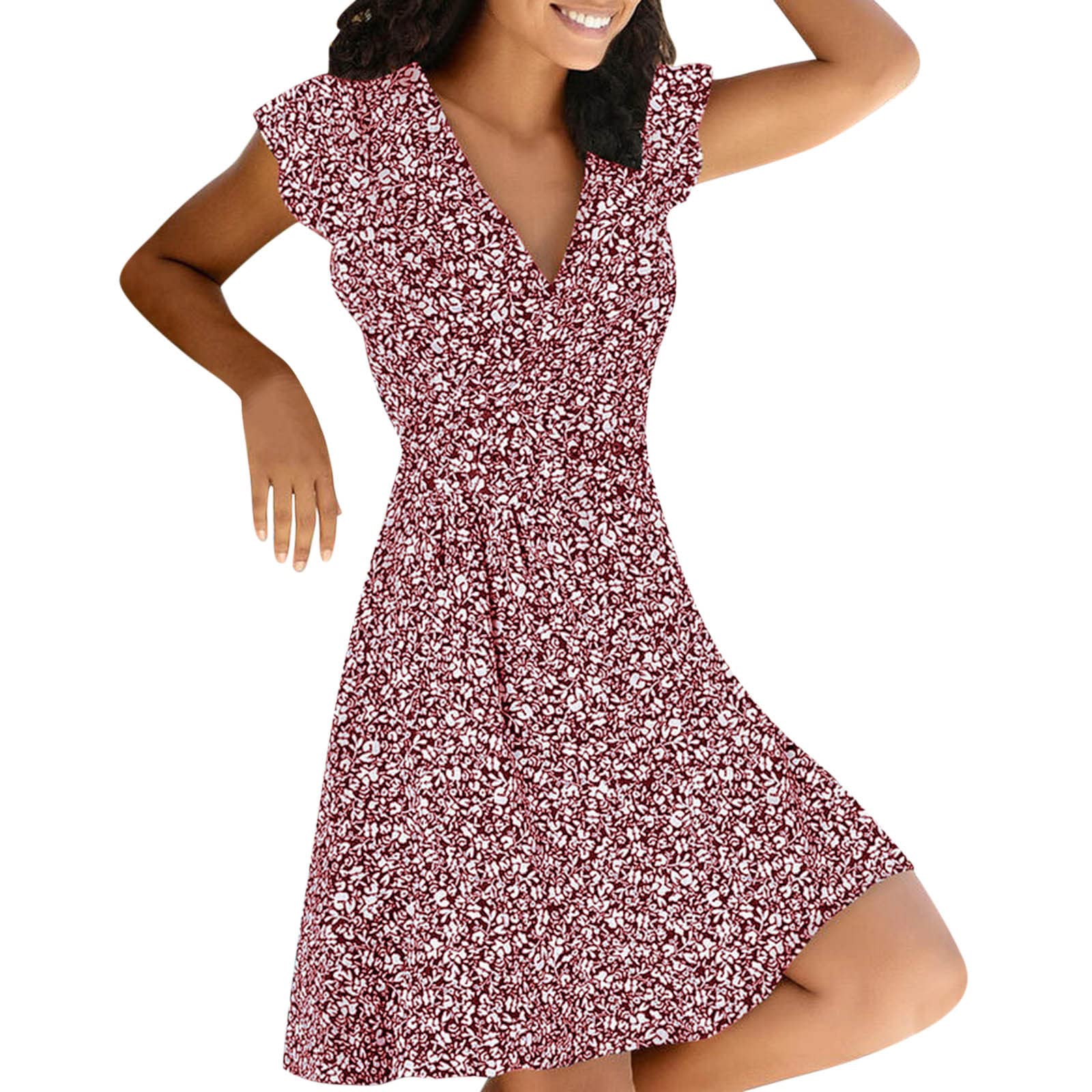 Women's Floral Print Midi Dress - Boho Summer Swing Dress with Scoop Neck & Short Sleeves | Casual Smocked Waist & Side Split for Beach, Vacation & Outdoor Parties