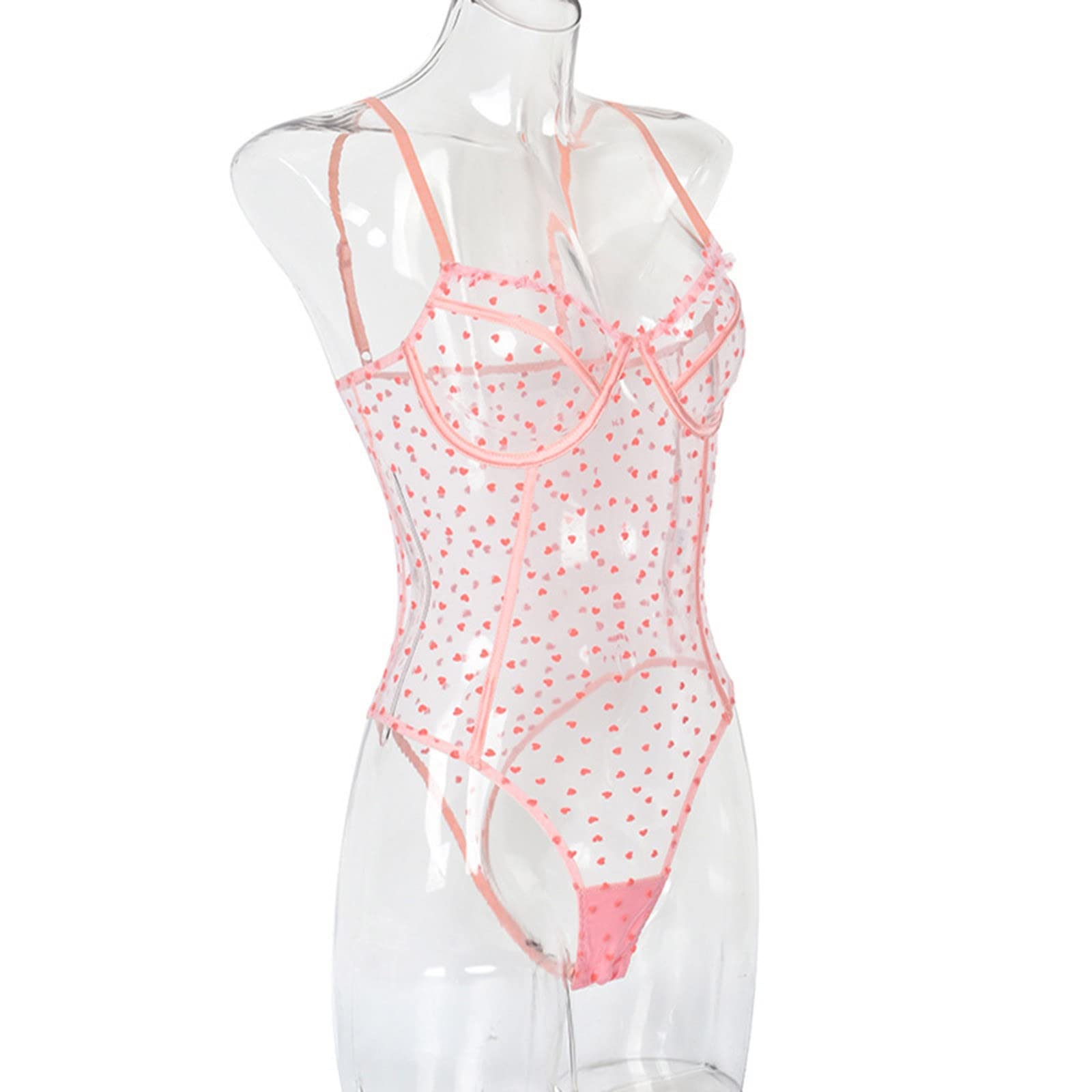 Sexy Pink Lace Women's Underwear with Steel Ring Mesh & Dot Design - One-Piece Romper Pajamas (Size S) | Perfect for Valentine's Day, Boudoir Photography & Romantic Nights