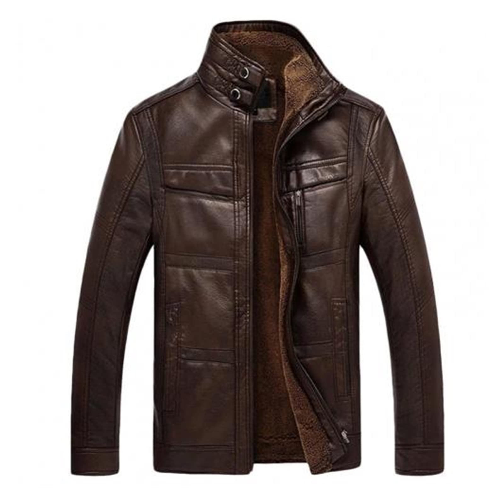 Men's Faux Leather Fleece Lined Jacket - Stand Collar Long Sleeve Zip Up Warm Short Coat for Winter (Dark Coffee, XL+) | Outdoor Casual Wear & Cold Weather Protection