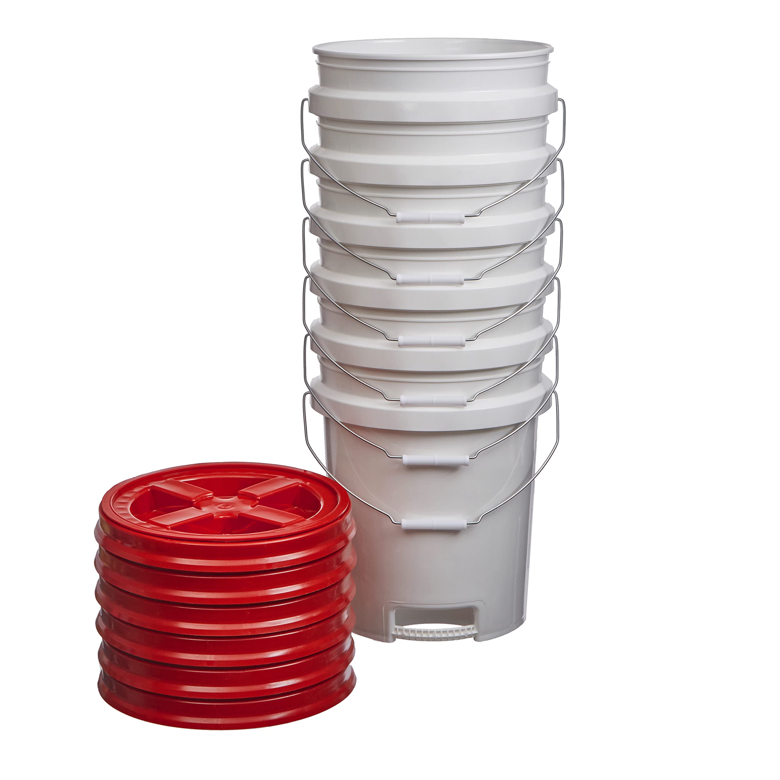5 Gallon White Food Grade Buckets with Handle - BPA Free HDPE Storage Pails with Gamma Seal Lids (6 Pack, Red Lids) - Made in USA - Ideal for Food Storage, Home Organization & DIY Projects