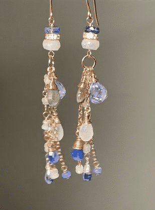 Rainbow Moonstone Labradorite Kyanite Rose Gold Long Boho Earrings - Blue & White Gemstone Dangle Earrings for Women, Hippie Festival Jewelry, Bridal Party Accessories