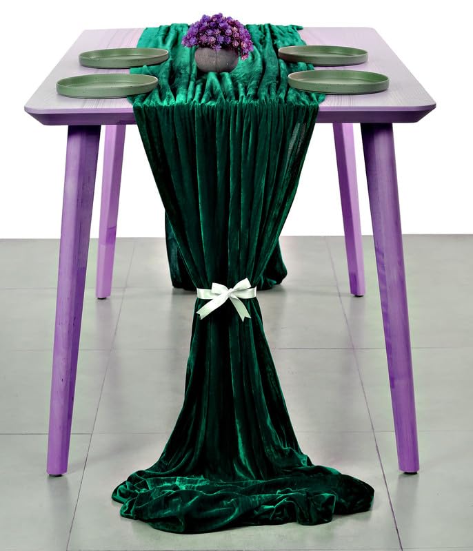 12 Pack 10ft Velvet Table Runner 29x120 Inches - Elegant Wedding Table Decor for Ceremony, Reception, Birthday Party, Bridal Shower, Rustic Arch Decoration - Emerald Green Long Tablecloth for Banquet, Holiday Dinner & Special Events