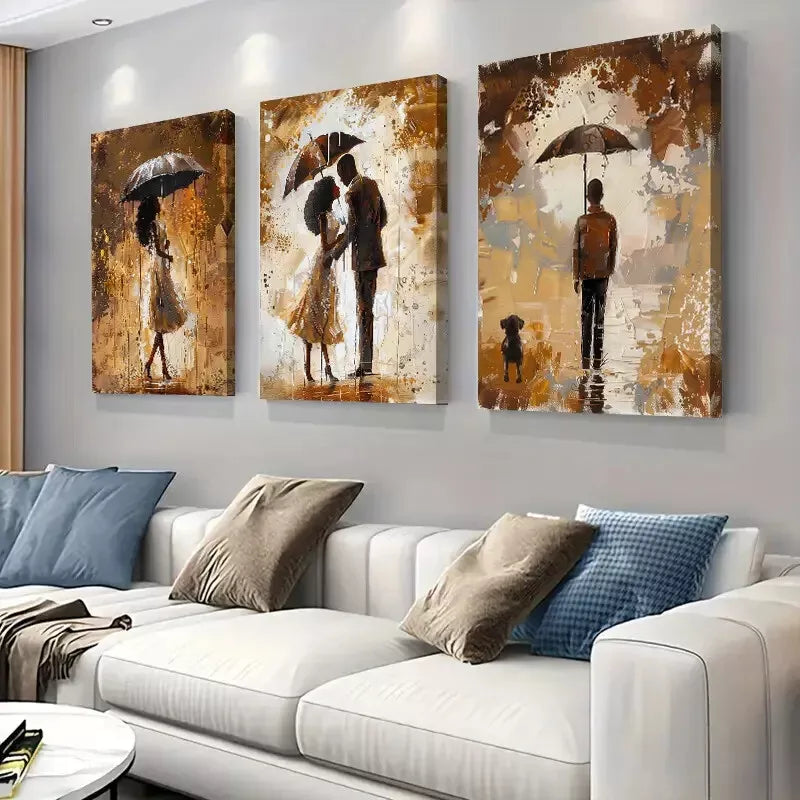 3pcs Romantic Rainy Day Couples Art Set - Framed Canvas 50x70cm - High Quality Wall Art Print - Australian Made - Ready to Hang - Perfect for Bedroom, Living Room & Wedding Gift