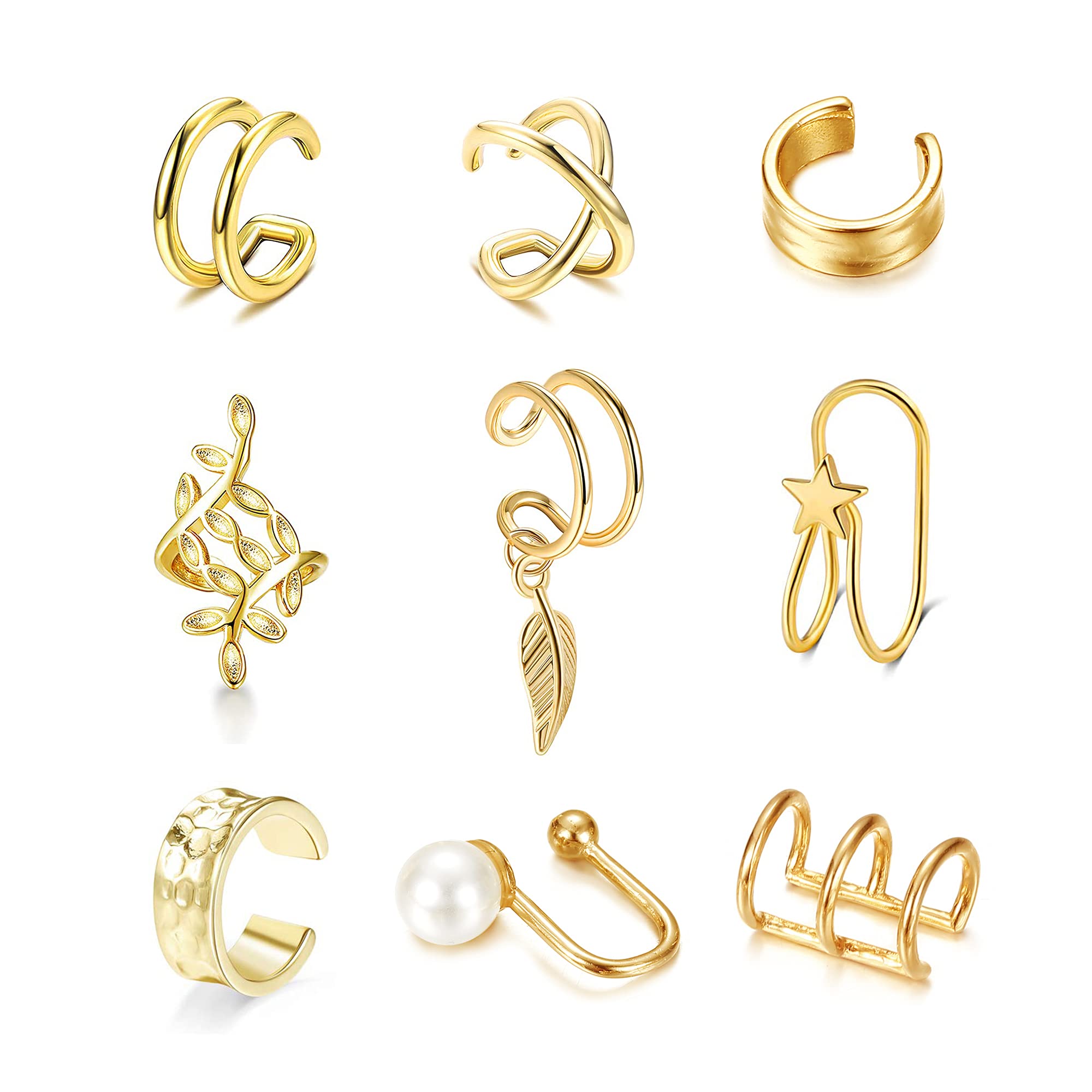 CASSIECA 9 PCS Non-Piercing Clip Ear Cuffs for Women - Hypoallergenic Fake Cartilage Earrings, Helix & Huggie Cuff Earrings Set - Perfect for Parties, Weddings & Everyday Fashion Accessories