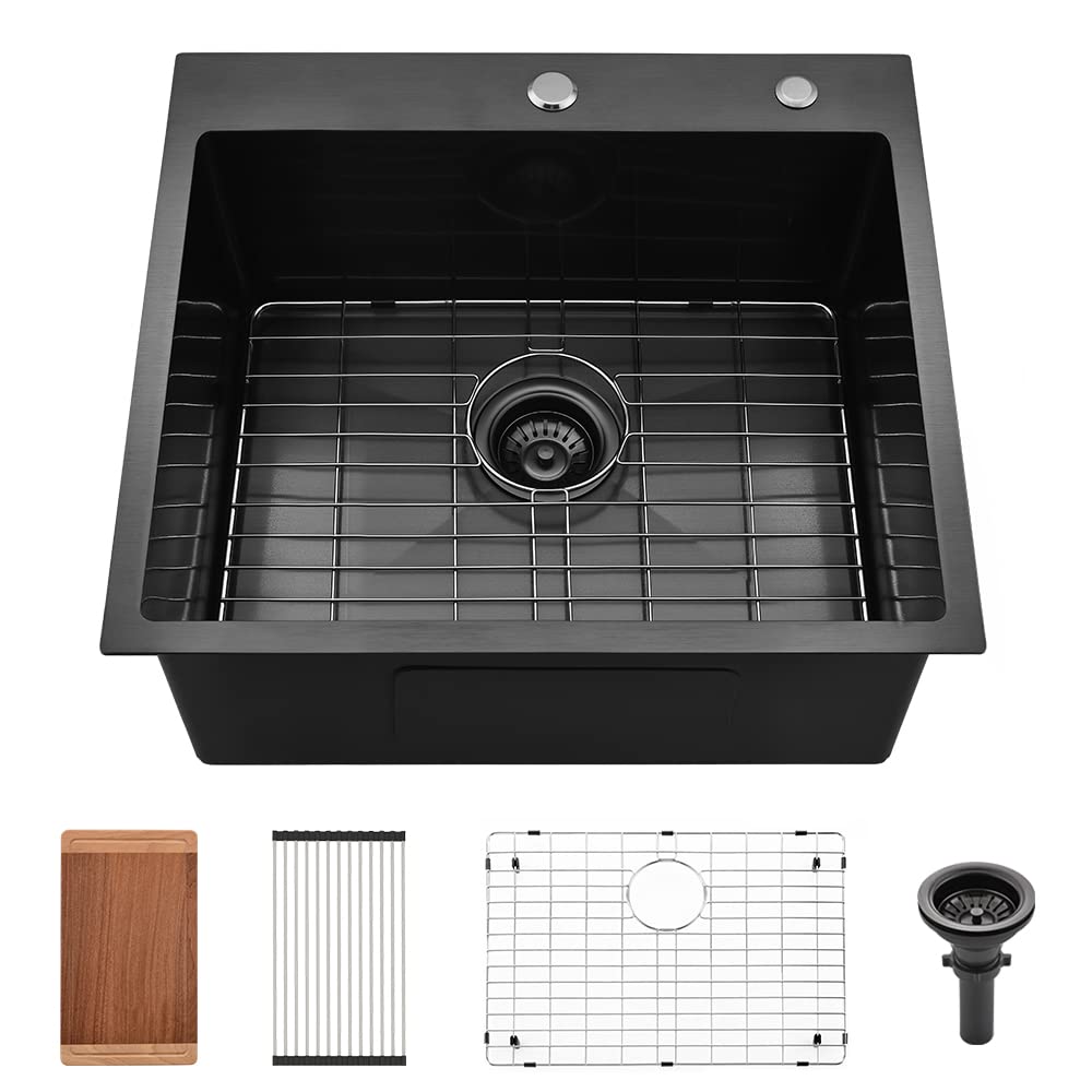 VASOYO 25x22 Inch Black Stainless Steel Drop-In Kitchen Sink - 16 Gauge Deep Single Bowl with Cutting Board | Topmount Installation for Modern Kitchens
