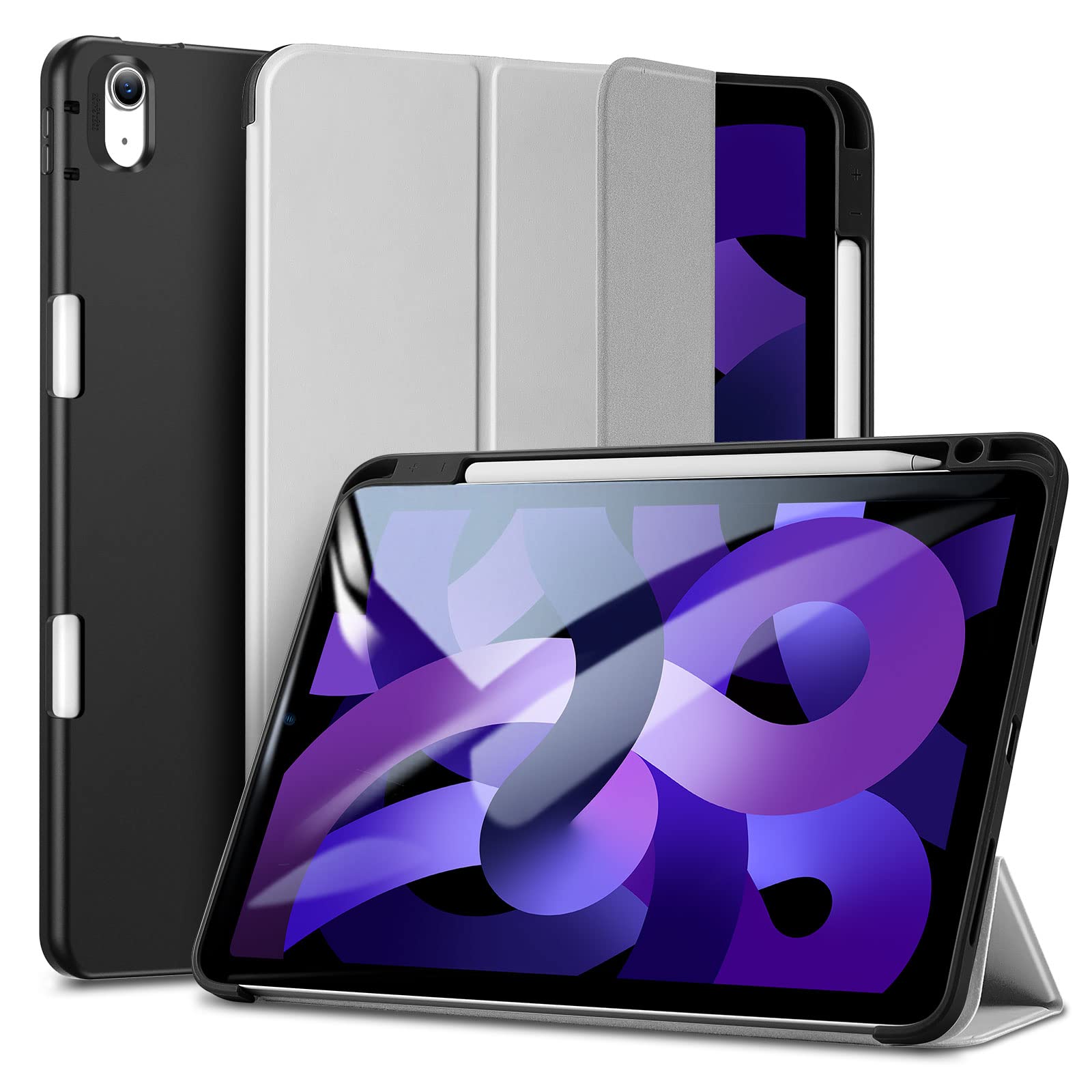 ESR iPad Air 5th/4th Generation Case (2022/2020) with Pencil Holder - Trifold Stand Cover with Flexible Back, Auto Sleep/Wake - Rebound Series in Grey - Perfect for Work, Study & Travel Protection