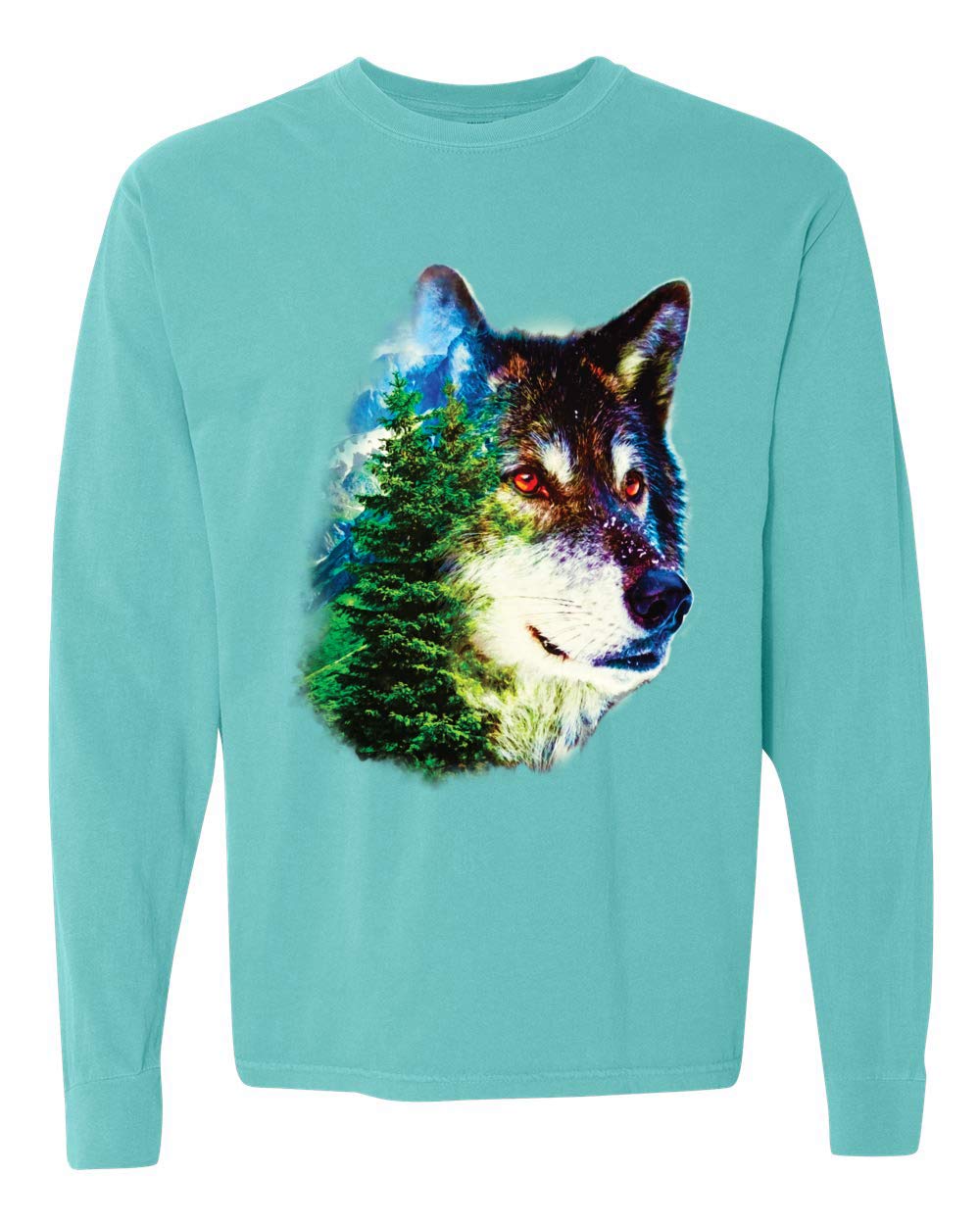 Earth Wolf Trees Mountains Nature Animal Lover Garment-Dyed Long Sleeve T-Shirt - Soft Washed Look for Outdoor Adventures & Casual Wear