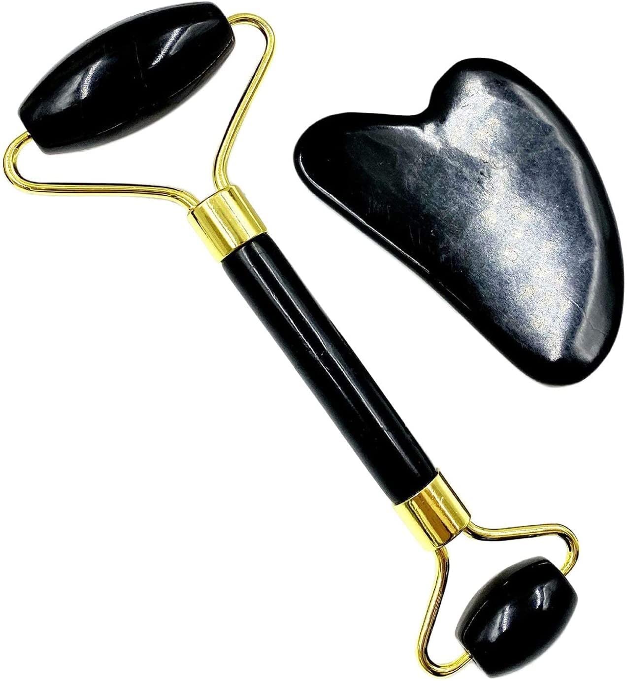 2-Piece 100% Genuine Jade Facial Roller & Gua Sha Set for Anti-Aging, Wrinkle Reduction & Eye Care - Black | Professional Skincare Tools for Face Massage & Lymphatic Drainage - Perfect for Daily Beauty Routine & Spa Night Self-Care