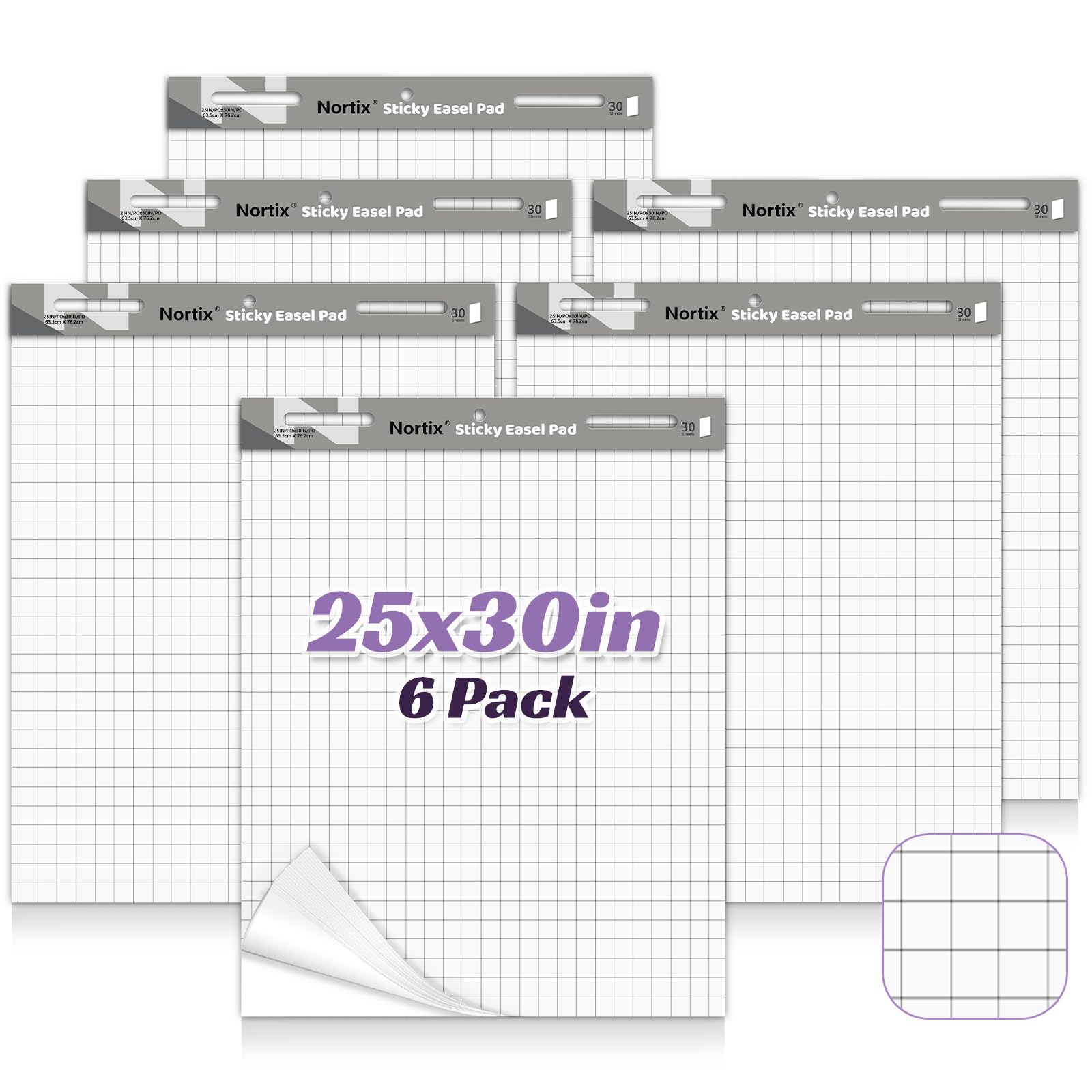 Nortix Sticky Easel Pad, 25x30 Inches Large Self Stick Grid Flip Chart Paper with Dry Erase Surface - 30 Sheets per Pad, 6 Pads for Office Meetings, Training Sessions, Brainstorming & Creative Doodling