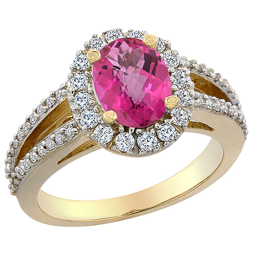14K Yellow Gold Natural Pink Sapphire Halo Ring with Diamond Accents - Oval 8x6mm, Sizes 5-10 | Elegant Engagement, Anniversary & Wedding Gift for Her