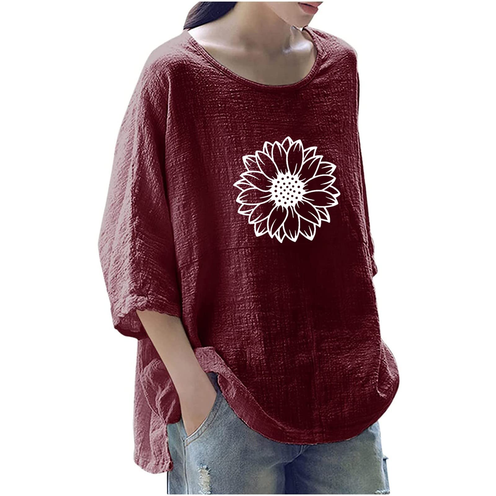 Women's 3/4 Sleeve Floral Print T-Shirt - Casual Loose Fit Round Neck Pullover Blouse for Everyday Wear, Work & Outings