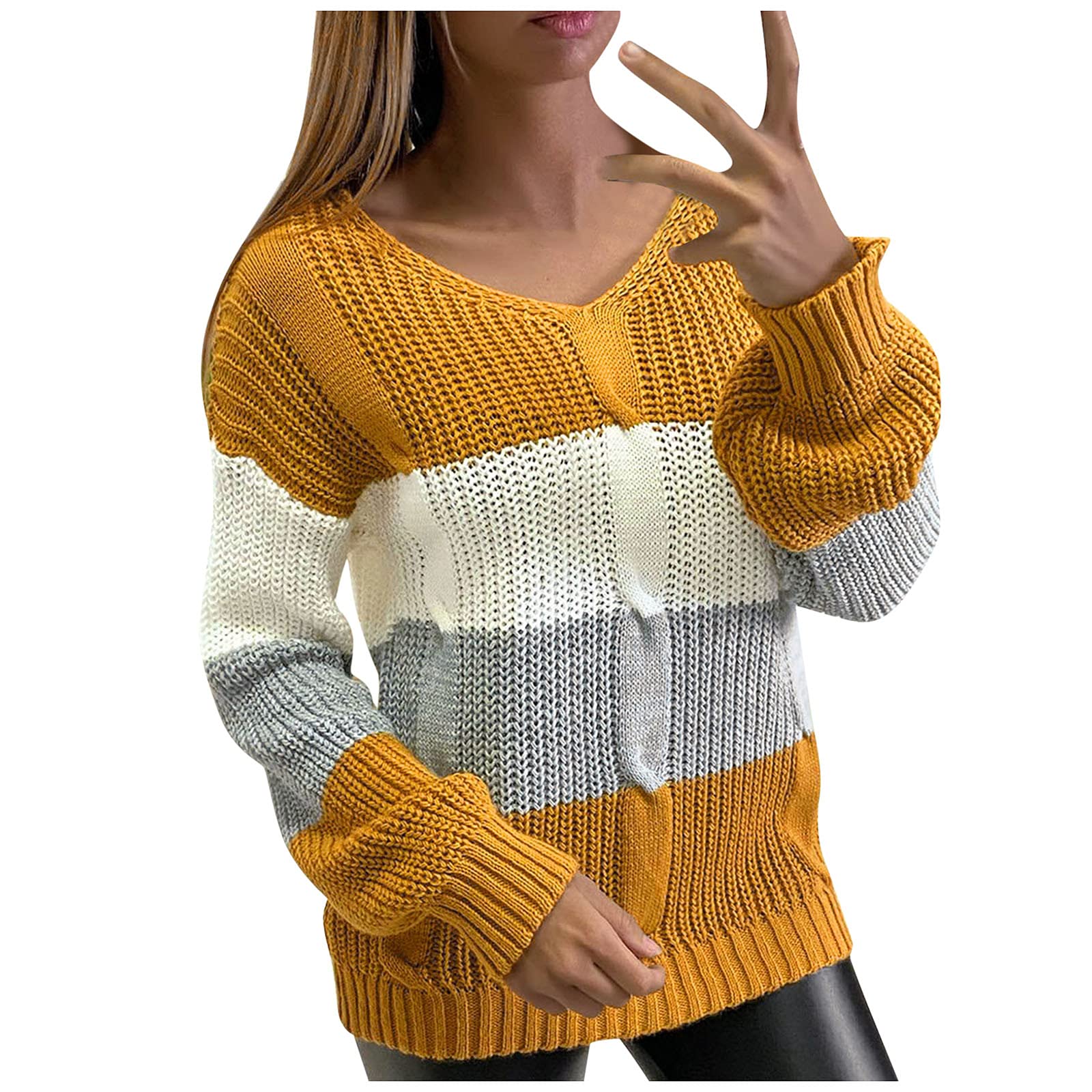 Women's Color Block Knit Sweater - Crew Neck Long Sleeve Casual Pullover Jumper Tops | Cozy Winter Wear, Office Outfit & Weekend Fashion