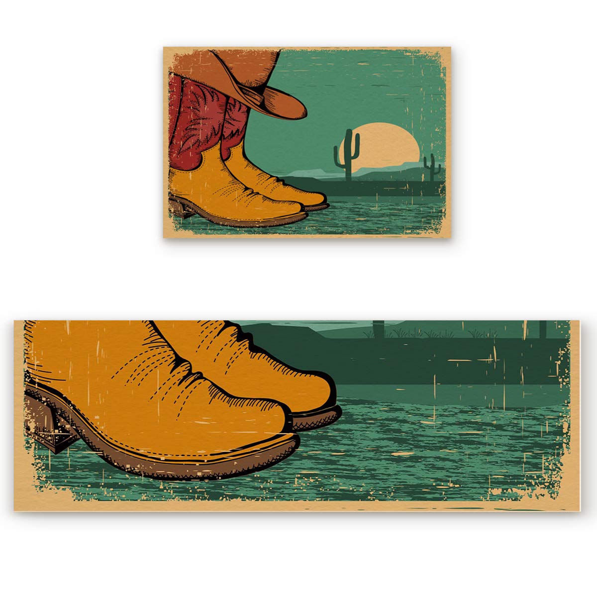 SODIKA Anti-Fatigue Non-Slip Kitchen Floor Mat Set - 2-Pack Waterproof Cushioned Standing Mats for Cooking & Dishwashing - Western Cowboy Cactus Design Home Decor