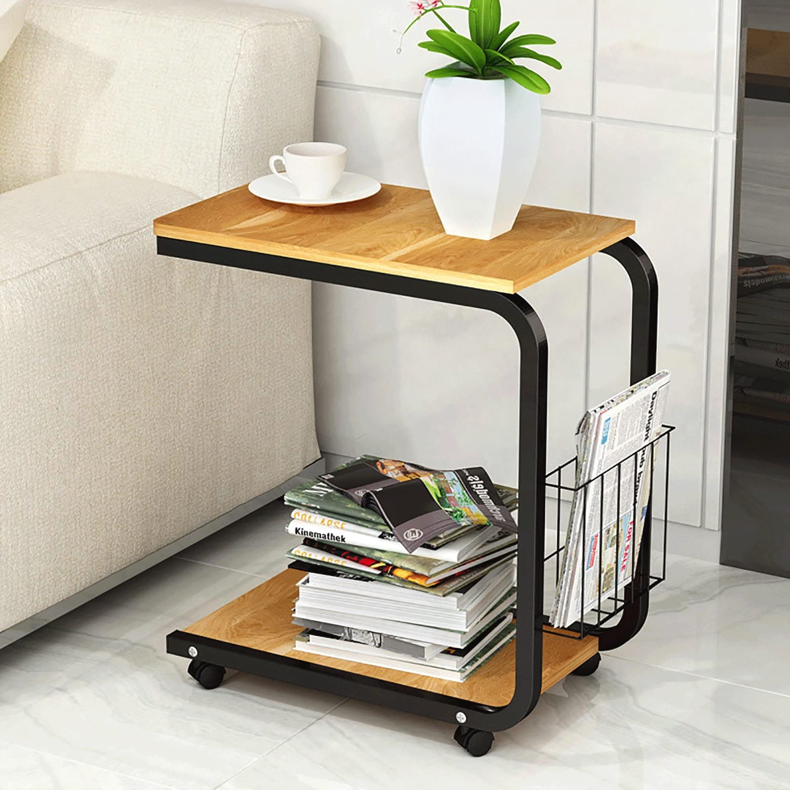 KINSAN Adjustable Overbed Table with Wheels - Portable Bedside Laptop Desk, Rolling Snack Tray & Mobile Computer Table with Storage Shelves (Cinnamon) - Perfect for Hospital, Home Office & Bedroom Use
