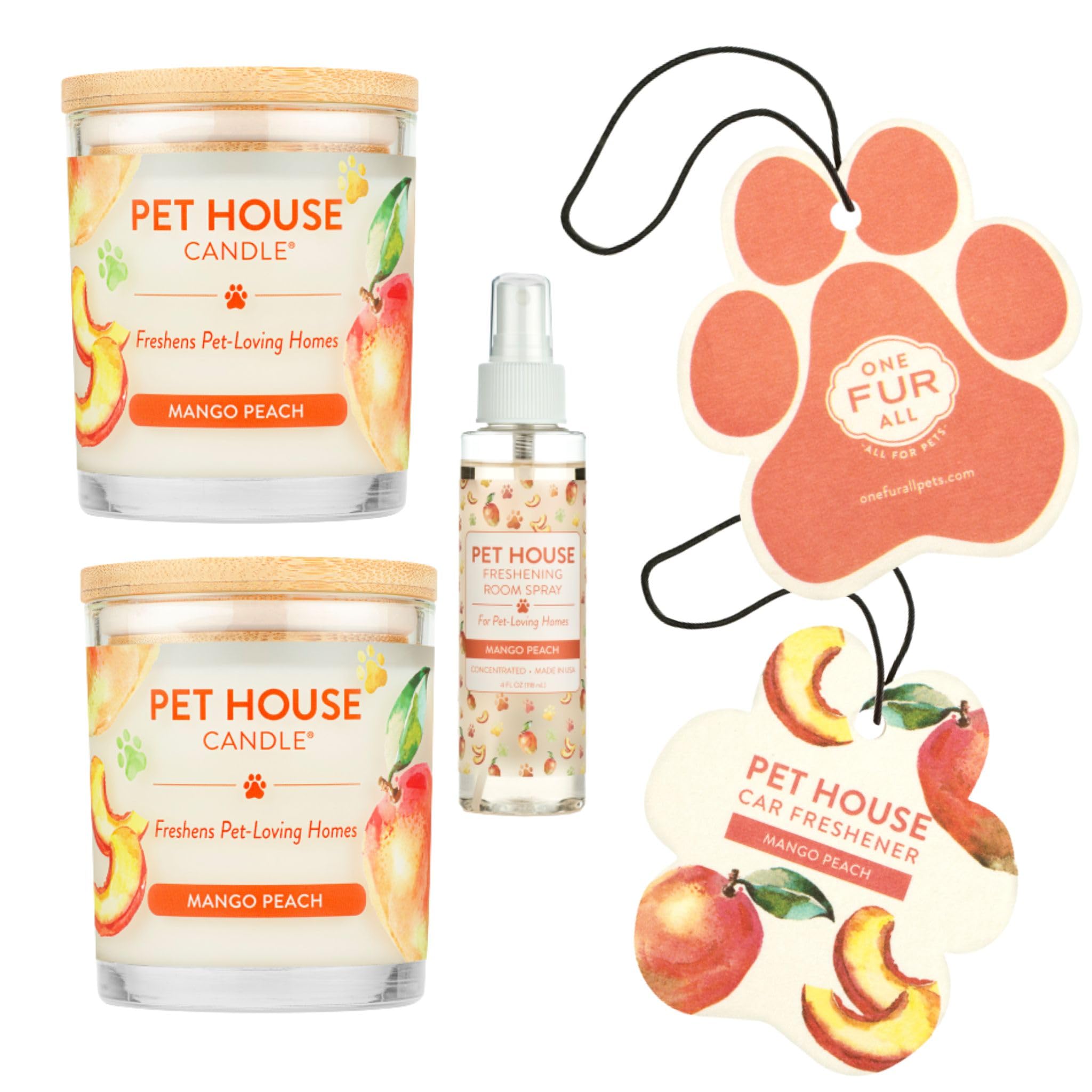 One Fur All Pet House Candle Value Pack - Natural Soy Wax Candles for Pet Odor Elimination | Clean Burning, Long-Lasting Mango Peach Scent | Eco-Friendly Home Fragrance for Living Room, Bedroom & Pet Areas