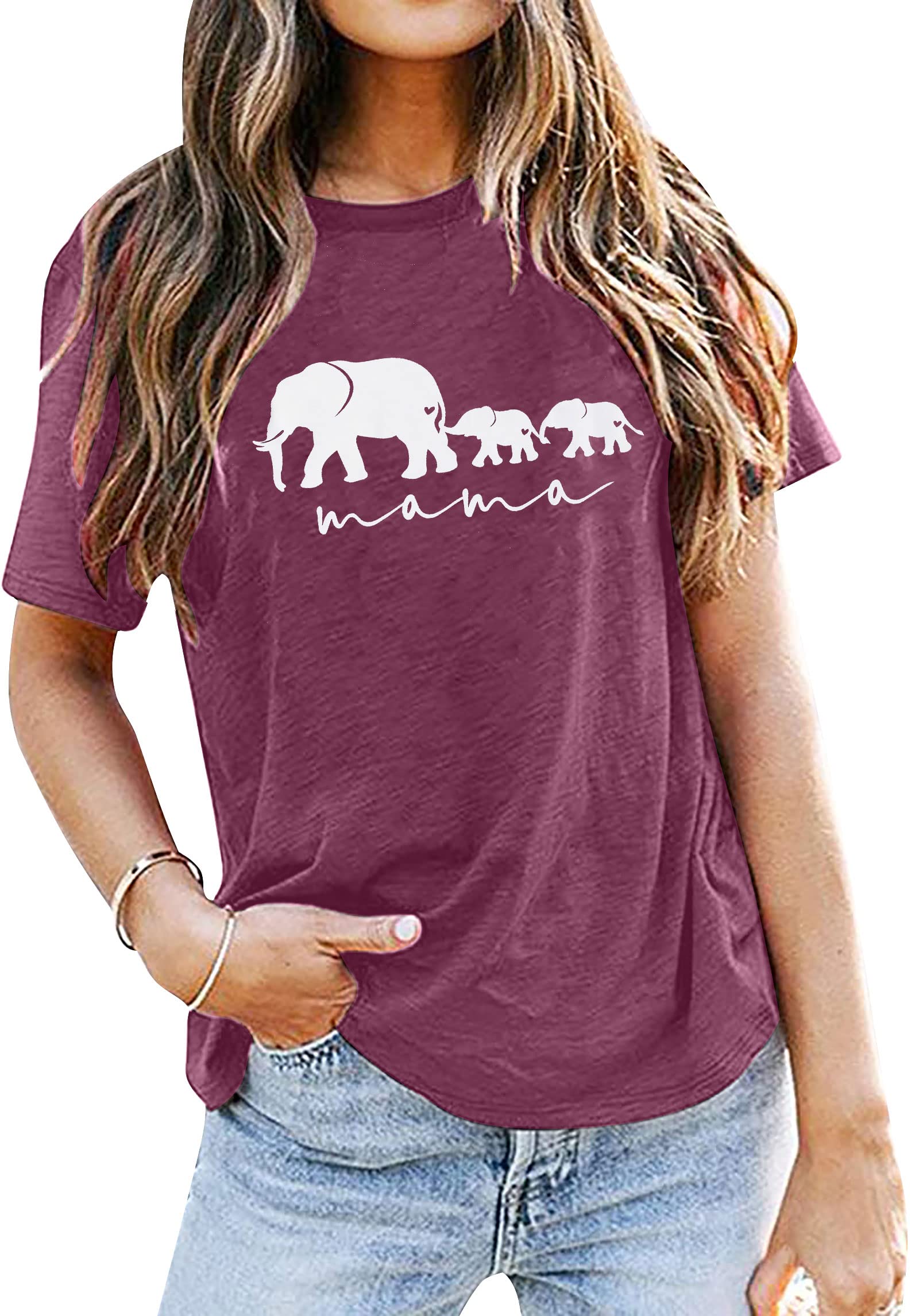 DUTUT Women's Funny Elephant Mama Graphic T-Shirt - Animal Nature Lover Casual Tee for Mother's Day Gift | Perfect for Mom's Birthday, Family Outings & Wildlife Enthusiasts