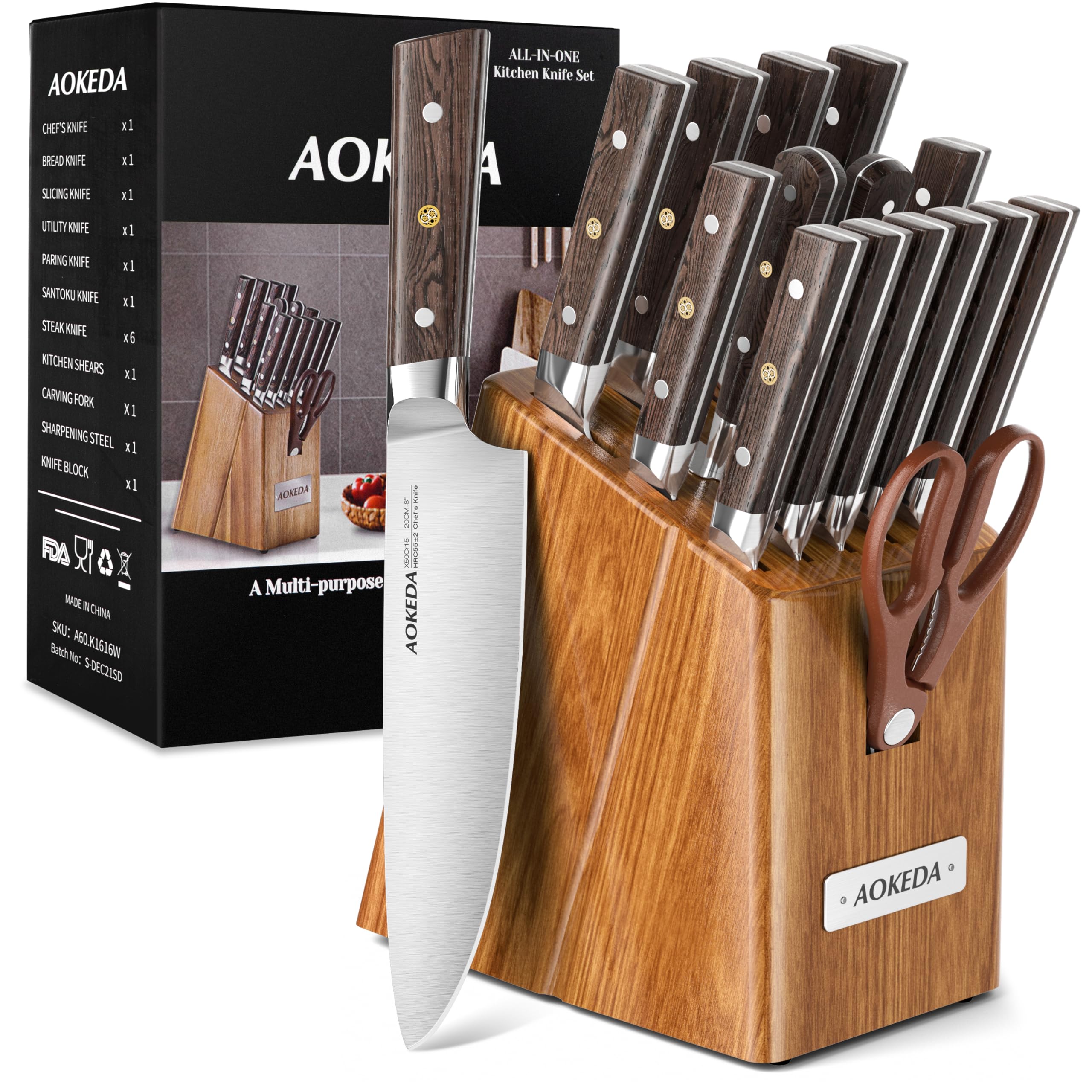 16-Piece Premium German Steel Kitchen Knife Set with Block - Includes Kitchen Shears & Sharpener - High Carbon Stainless Steel Blades (Natural Wenge Wood) - Perfect for Home Chefs & Professional Cooking