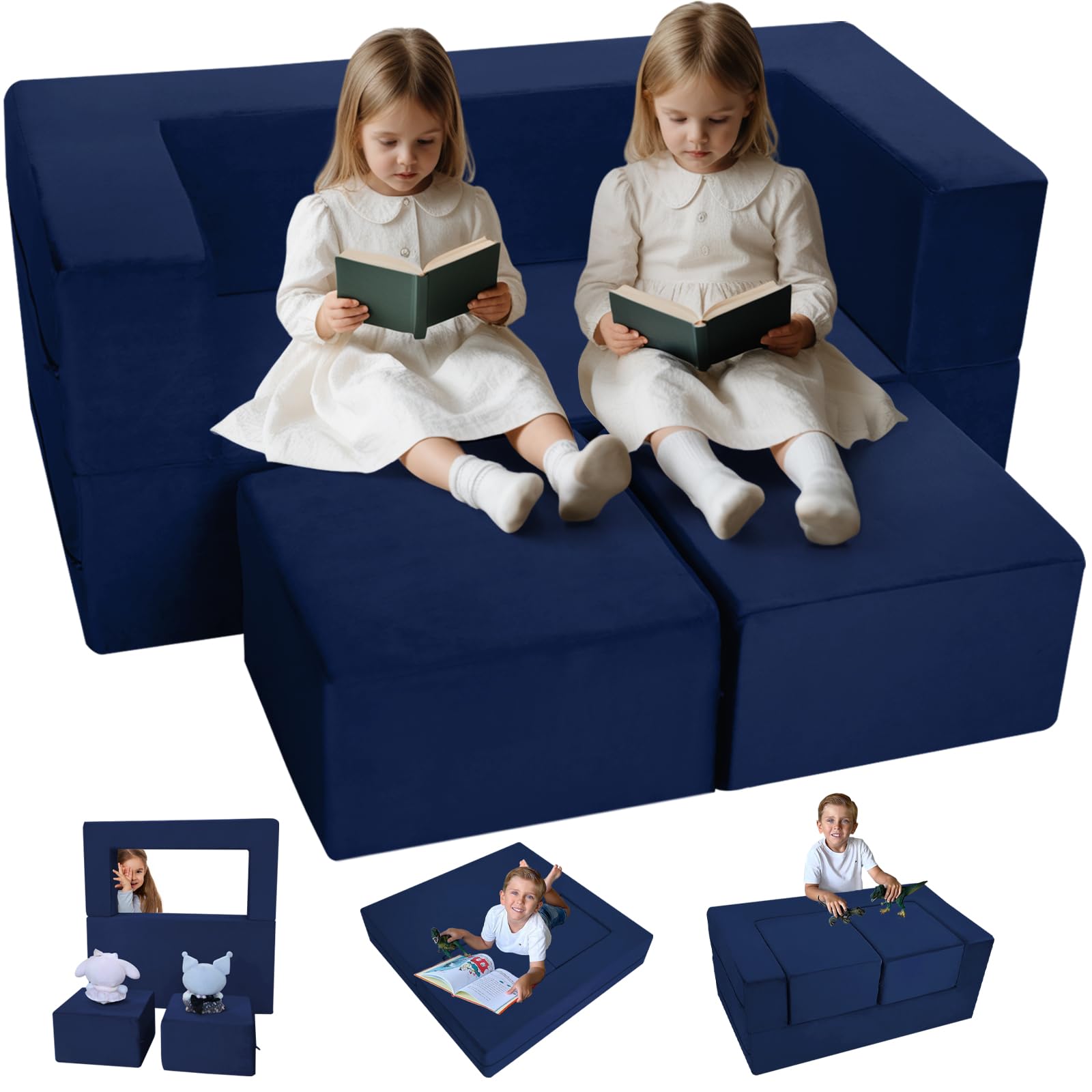 MeMoreCool Convertible Modular Kids Foam Play Couch Sofa - Navy Blue Foldable Toddler Sofa for Playroom, Bedroom & Living Room | Perfect for Reading, Napping & Playtime