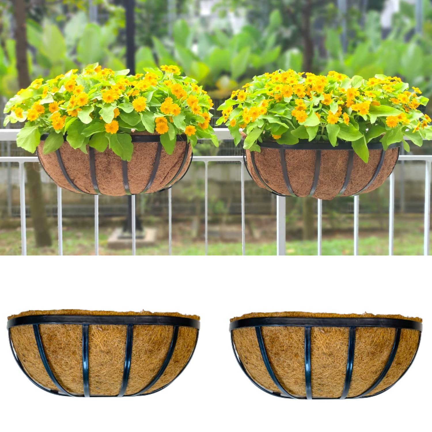 16 Inch Wall Planters - 2 Pack Metal Railing Planter Boxes for Outdoor Plants & Flowers with Coco Liners - Deck, Fence, Balcony, Patio & Porch Garden Planters - Perfect for Herbs, Succulents & Window Box Displays