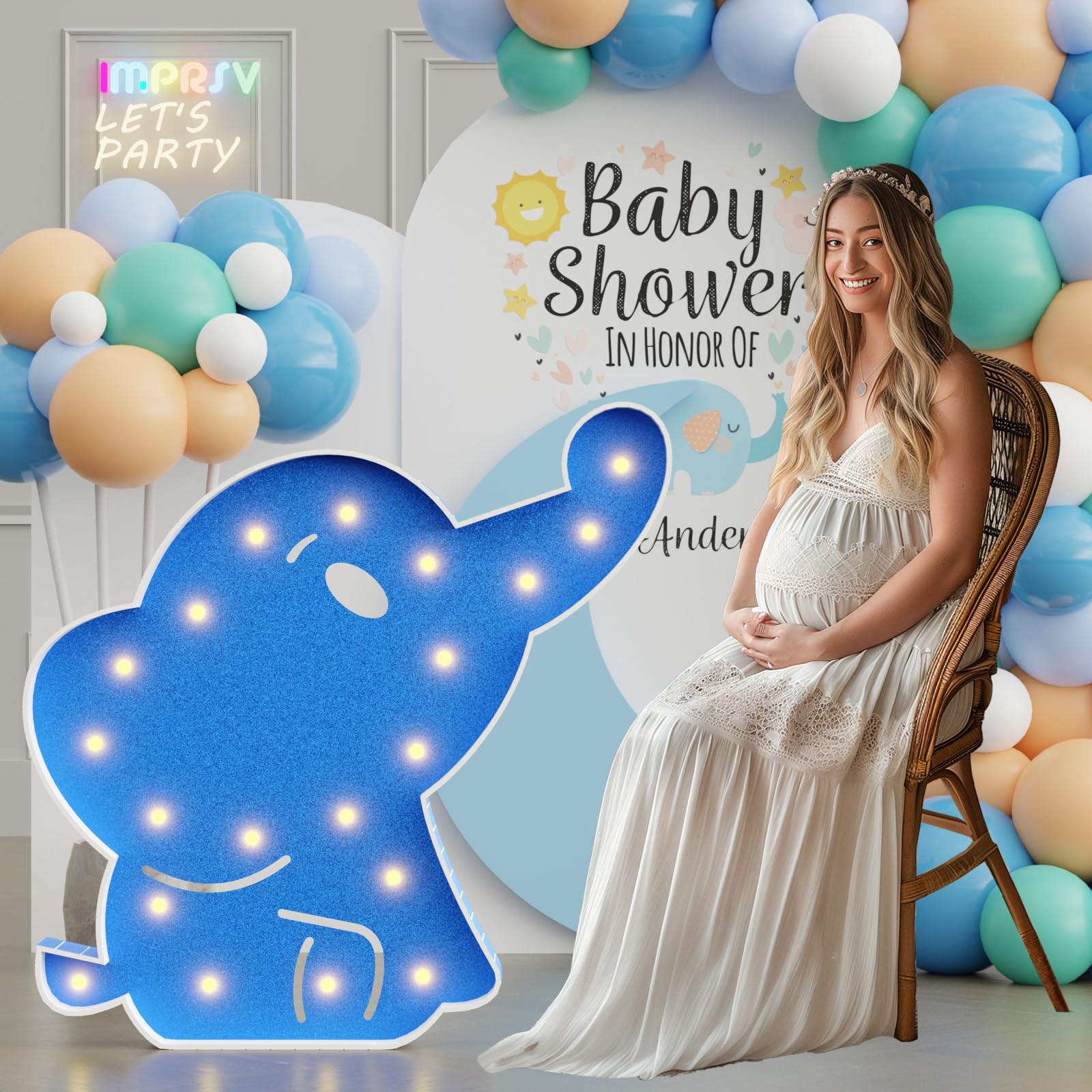 3FT Light Up Elephant Marquee - Blue Baby Shower Decor for Boys, Gender Reveal Party Backdrop, Nursery Wall Decor & Birthday Celebration Lighting
