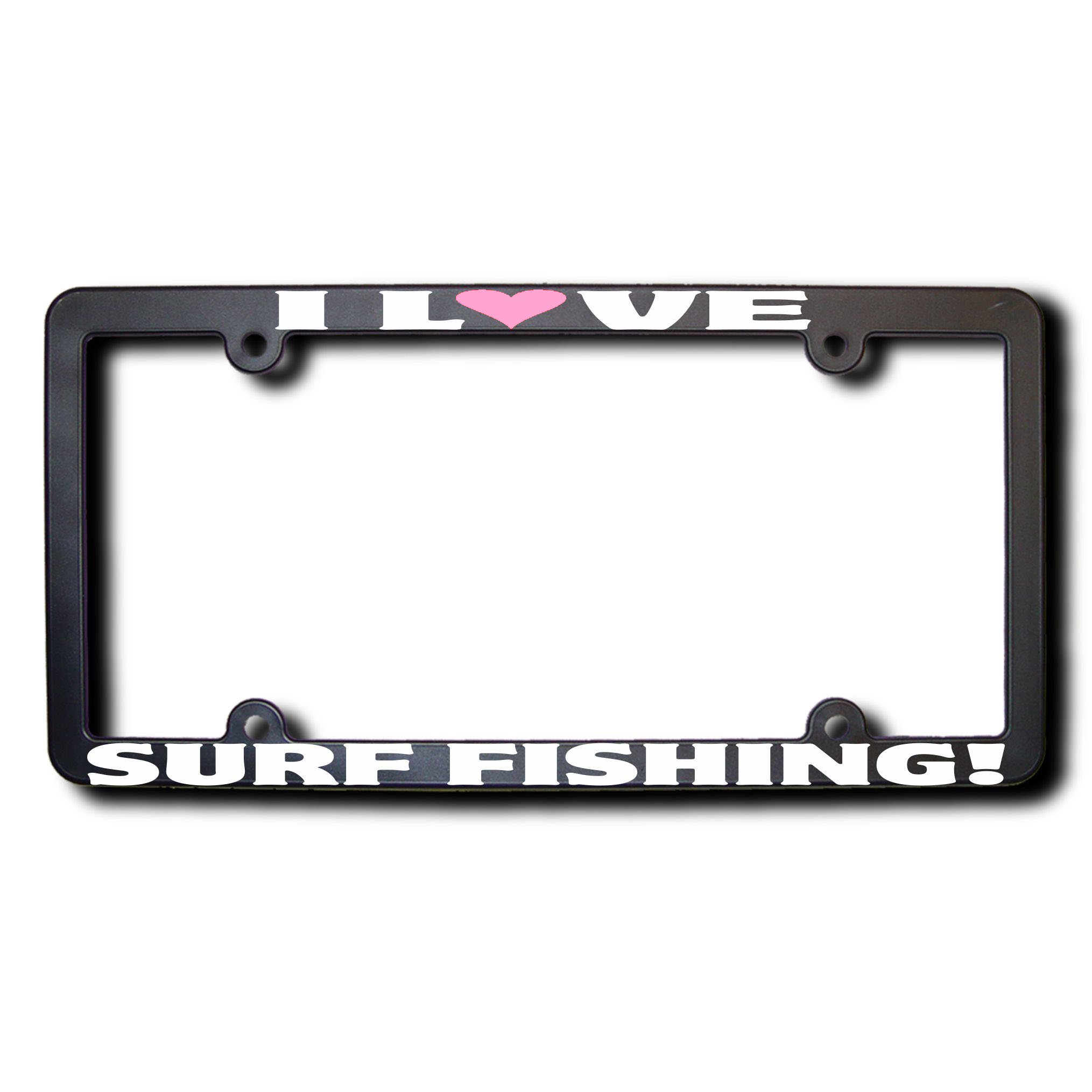 Custom I Love Surf Fishing Car License Plate Frame with Pink Heart - Perfect for Beach Lovers & Anglers - Great Gift for Fishing Enthusiasts