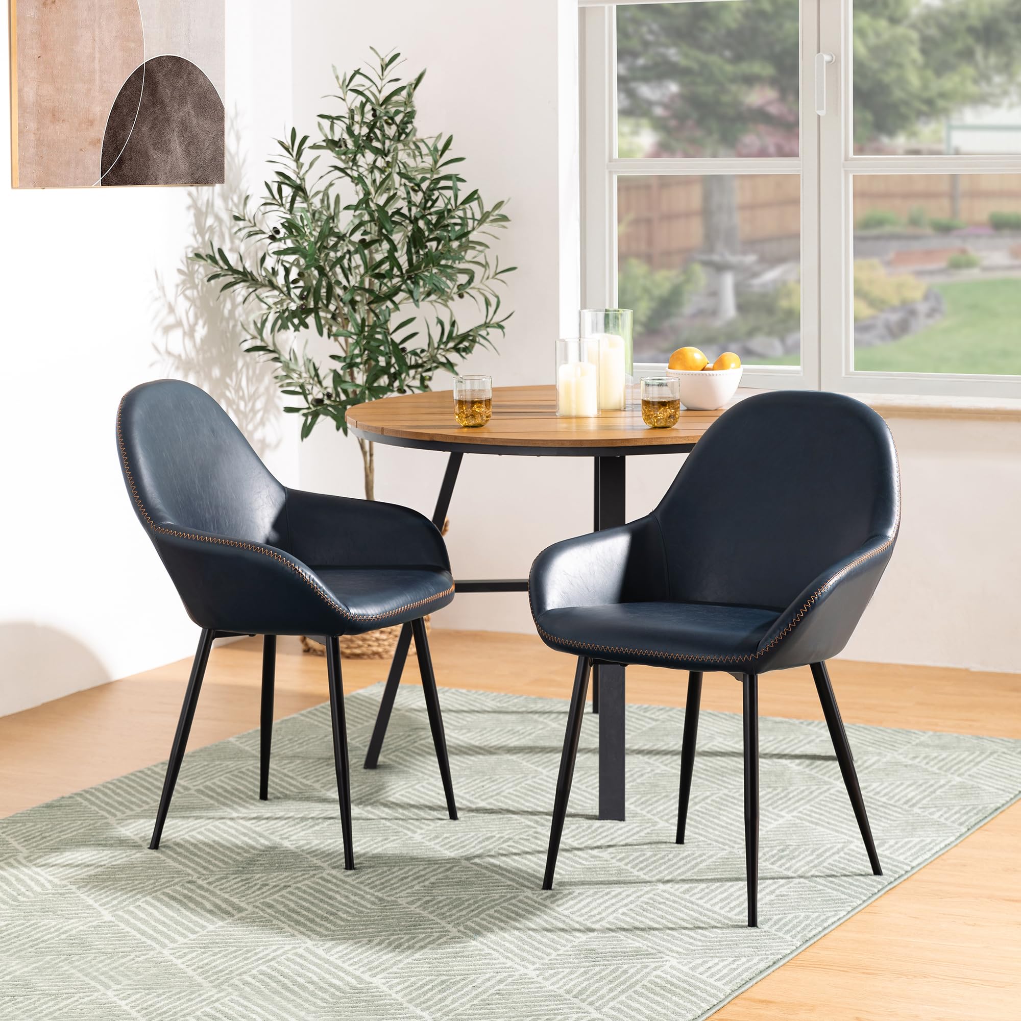 Glitzhome Mid-Century Modern Dining Chairs Set of 2 - Navy Blue Leatherette Upholstered Seats with Metal Legs - Perfect for Kitchen, Dining Room, Living Room & Bedroom Furniture