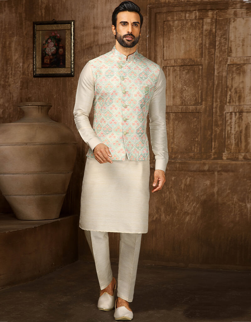 Elegant Digital Print Cream Kurta with Single Thread Work & Aligadhi Pant - Perfect for Festivals, Weddings, and Ethnic Occasions