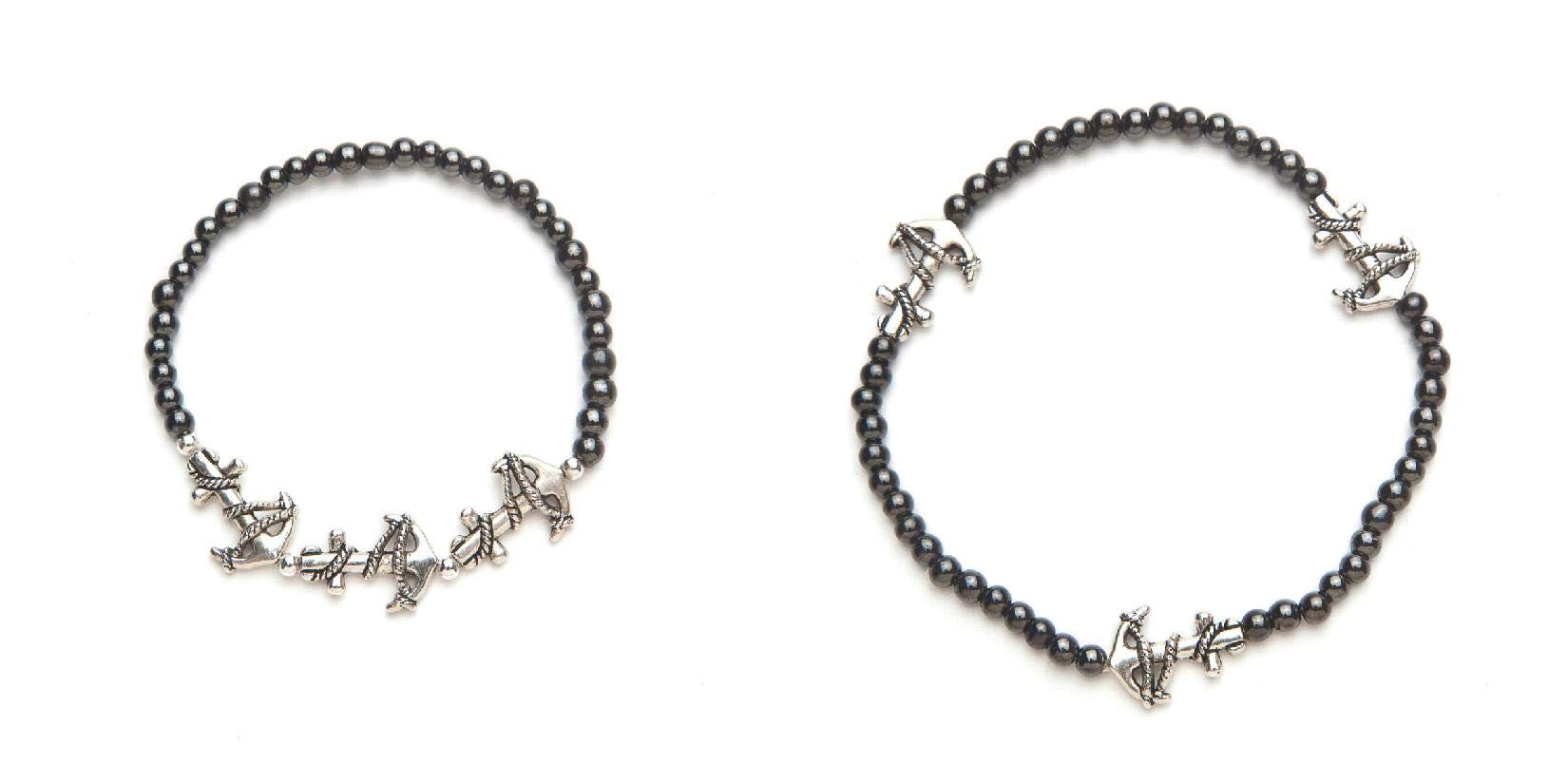 Black Anchor Magnetic Stretch Anklet and Bracelet Set for Women & Men - Adjustable Large Size Jewelry for Arthritis Pain Relief, Fashion Accessories - Perfect for Daily Wear, Gifts & Travel
