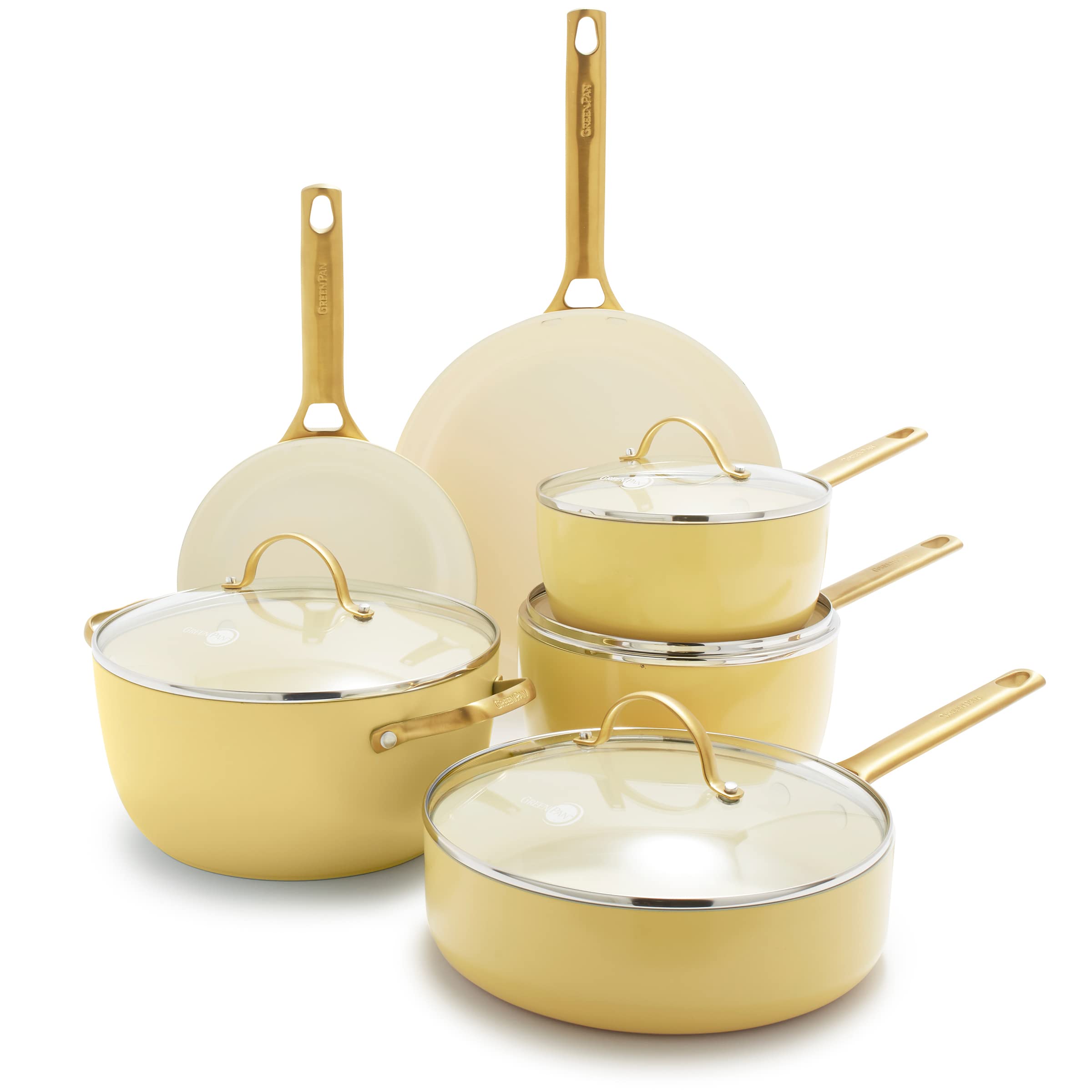 GreenPan Reserve 10-Piece Nonstick Cookware Set – Hard Anodized Healthy Ceramic Coating, PFAS-Free, Gold Handles, Dishwasher & Oven Safe (Sunrise Yellow) – Perfect for Healthy Cooking, Frying & Baking in Modern Kitchens