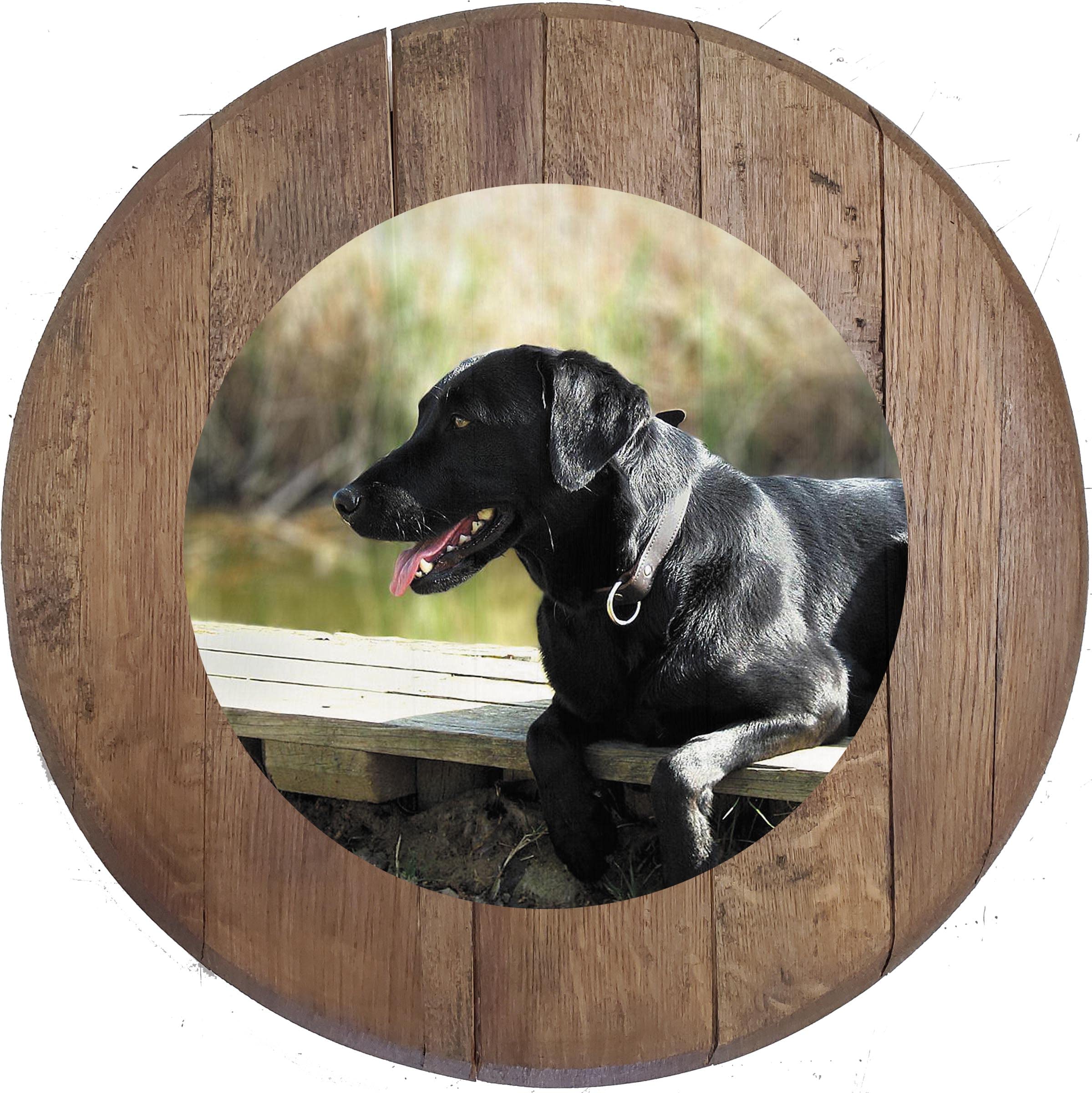 Large Oak Whiskey Barrel Lid Bar Sign - Black Labrador Dog Wall Art - Rustic Man Cave Decor - 22 Inch Aged Barrel Wood Sign - Perfect for Home Bar, Basement, or Hunting Lodge Decor