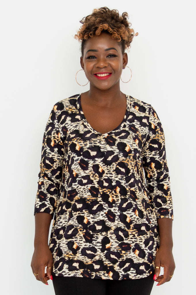 Jackie 3/4 Sleeve Women's Tops - Soft Bamboo Fabric, Breathable & Comfortable, Leonine Print Fashion Tee for Casual Wear, Work & Outdoor Activities