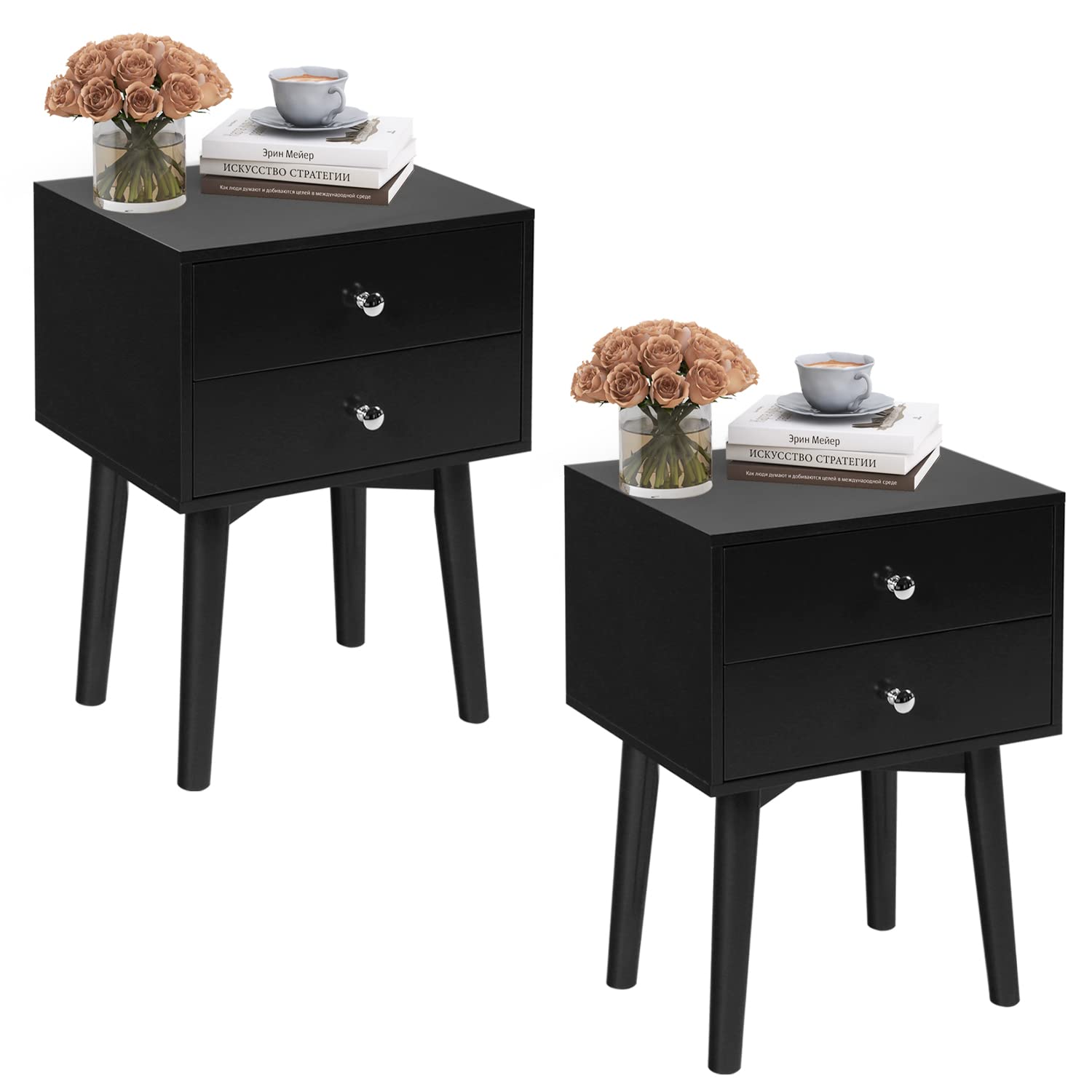 Black Nightstand with 2 Drawers - Wooden Bedside Table for Bedroom, Living Room - Storage Cabinet with Black Finish (Set of 2) - Perfect for Small Spaces, Apartment Furniture & Home Organization